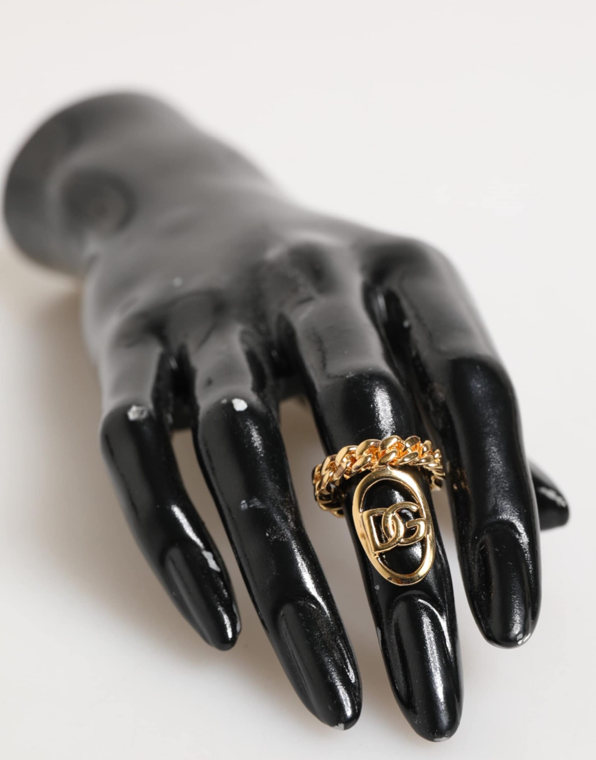 Dolce & Gabbana Gold Tone Brass Oval DG Logo Chain Adjustable Ring - Image 6