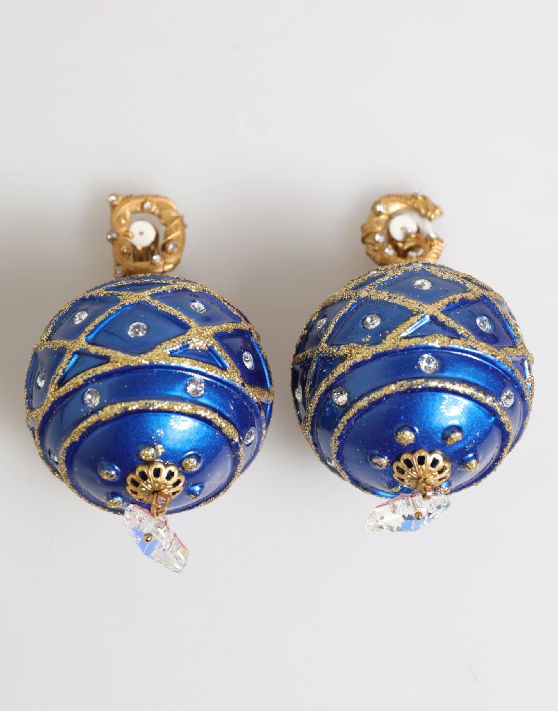 Dolce & Gabbana Gold Brass Blue Christmas Ball Crystal Drop Clip On Earrings - Image 2