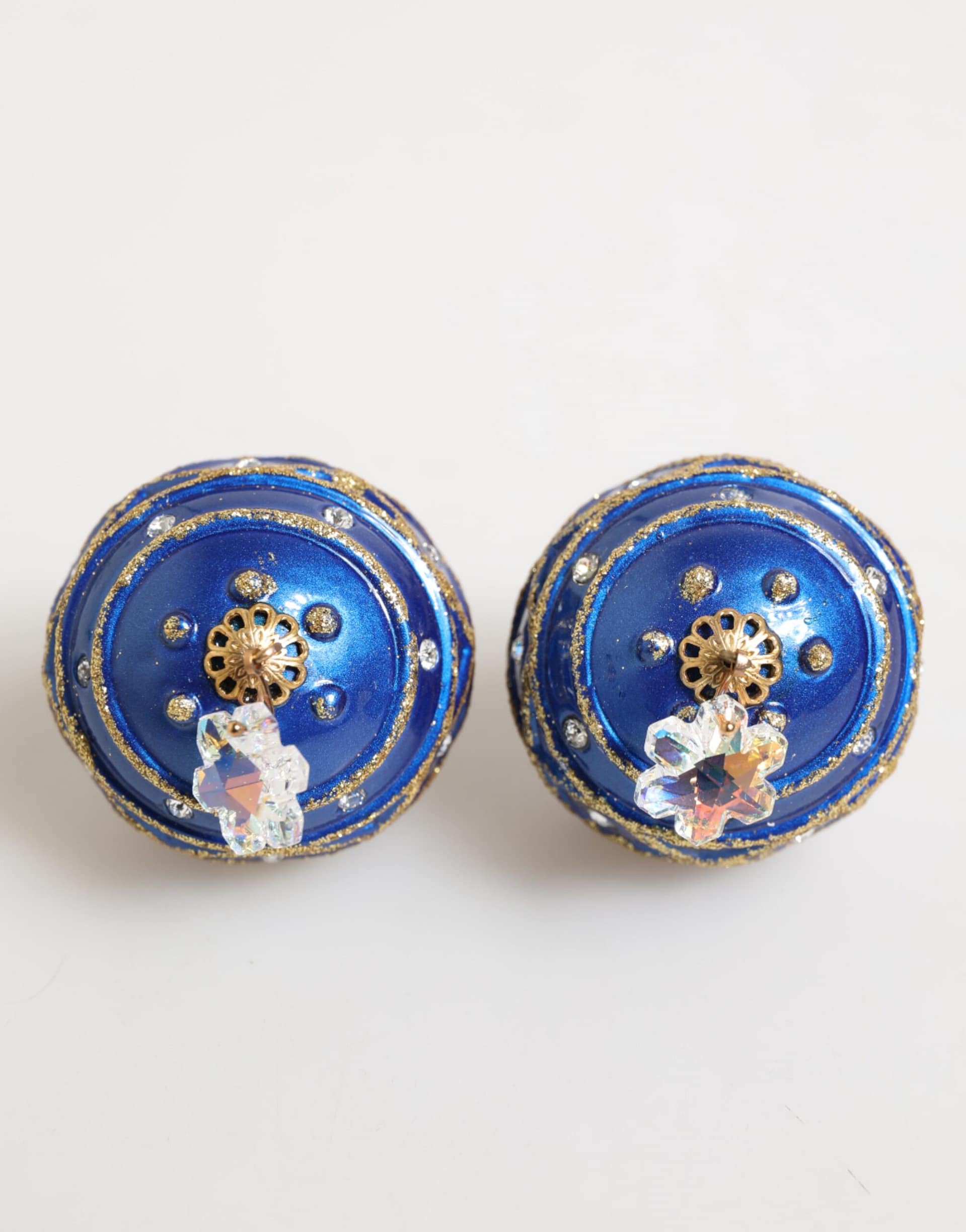 Dolce & Gabbana Gold Brass Blue Christmas Ball Crystal Drop Clip On Earrings - Image 3