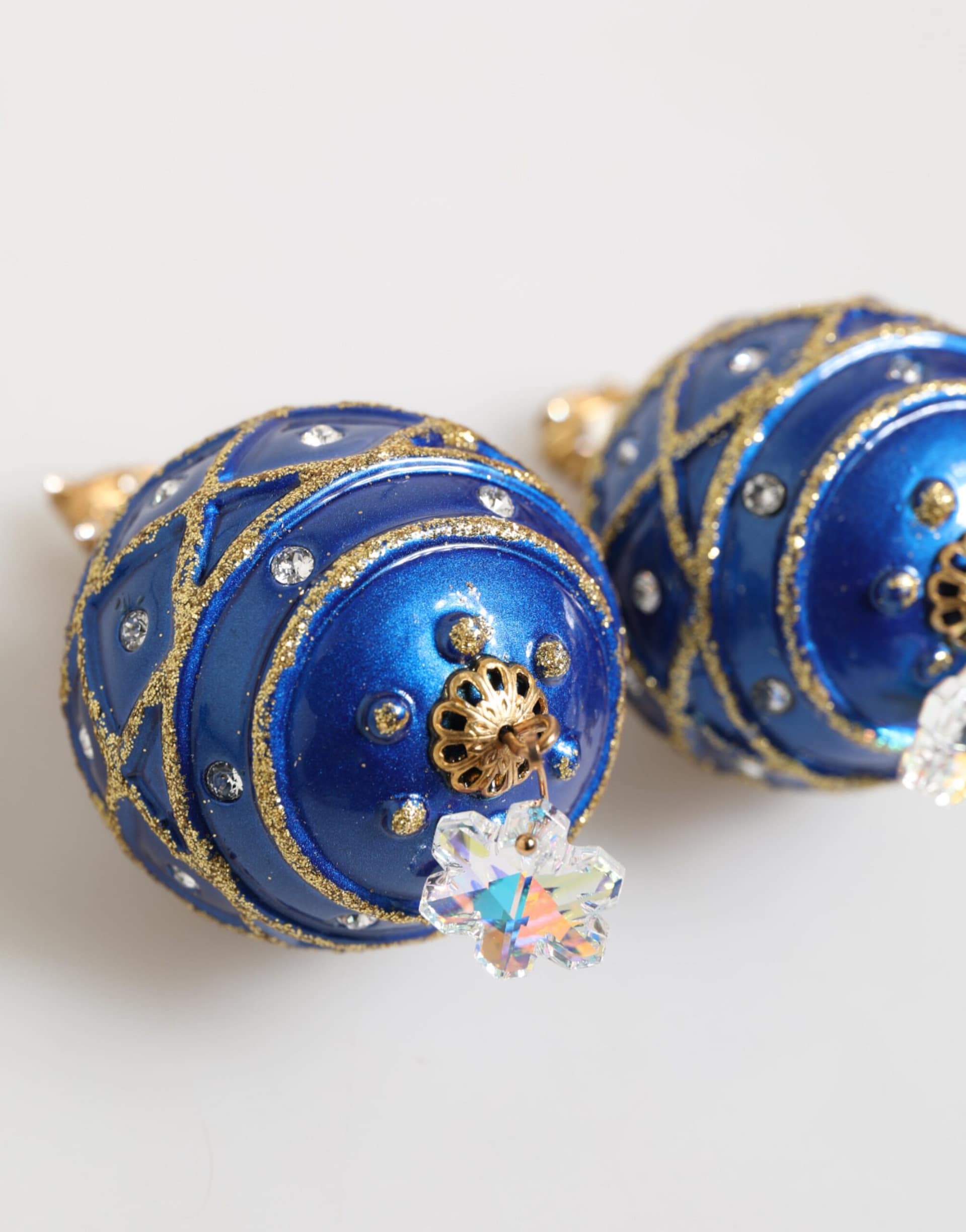 Dolce & Gabbana Gold Brass Blue Christmas Ball Crystal Drop Clip On Earrings - Image 4