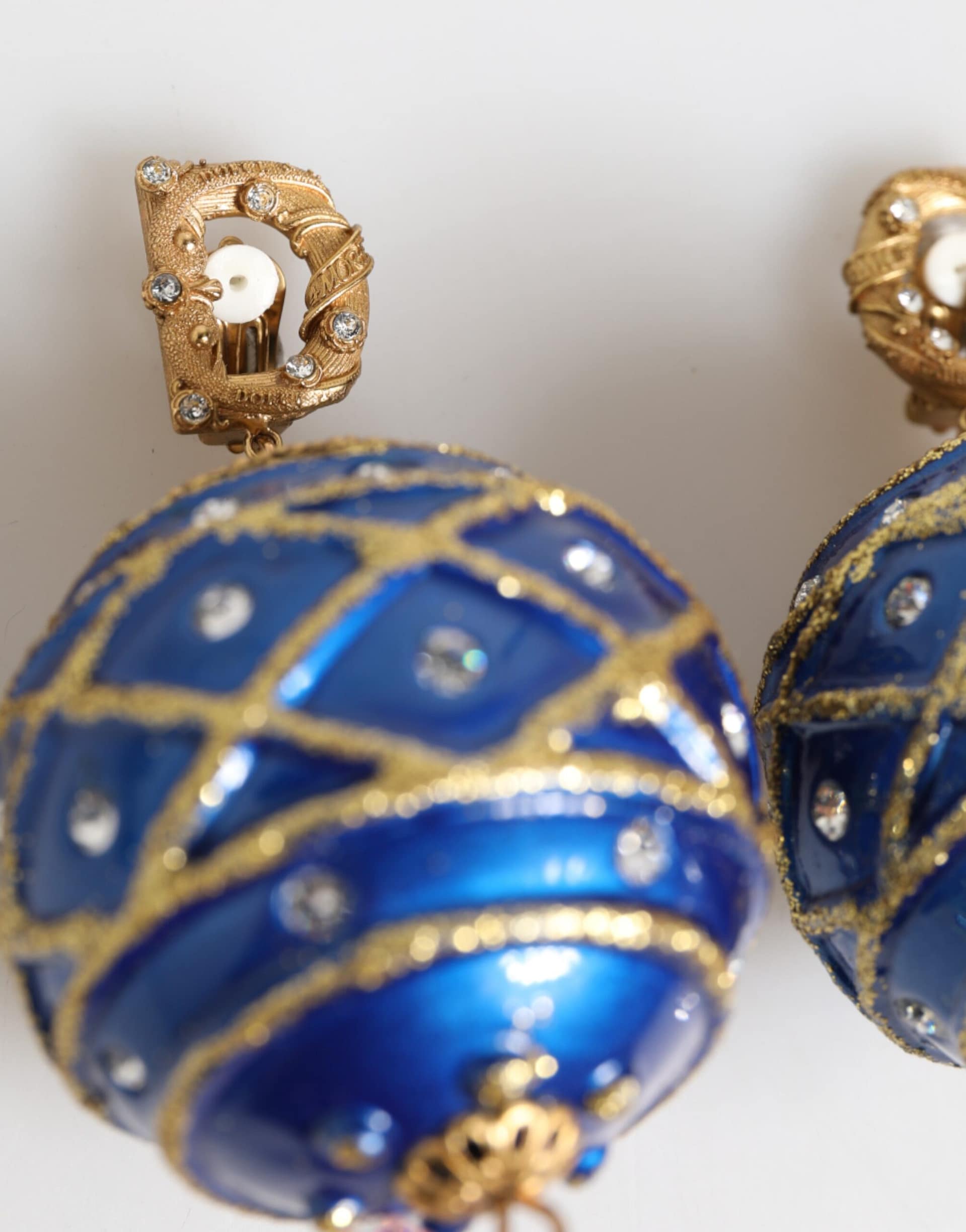 Dolce & Gabbana Gold Brass Blue Christmas Ball Crystal Drop Clip On Earrings - Image 5
