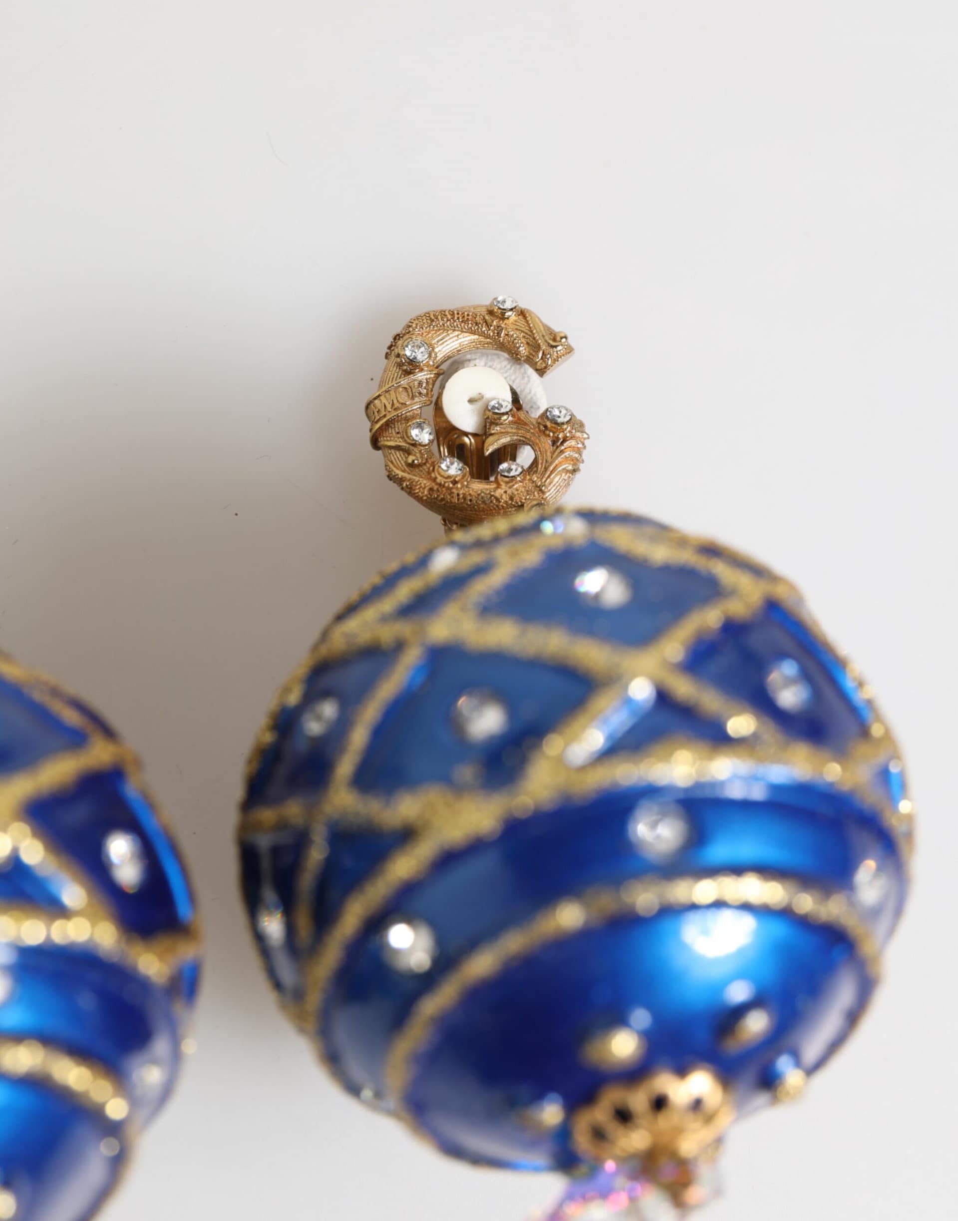 Dolce & Gabbana Gold Brass Blue Christmas Ball Crystal Drop Clip On Earrings - Image 6