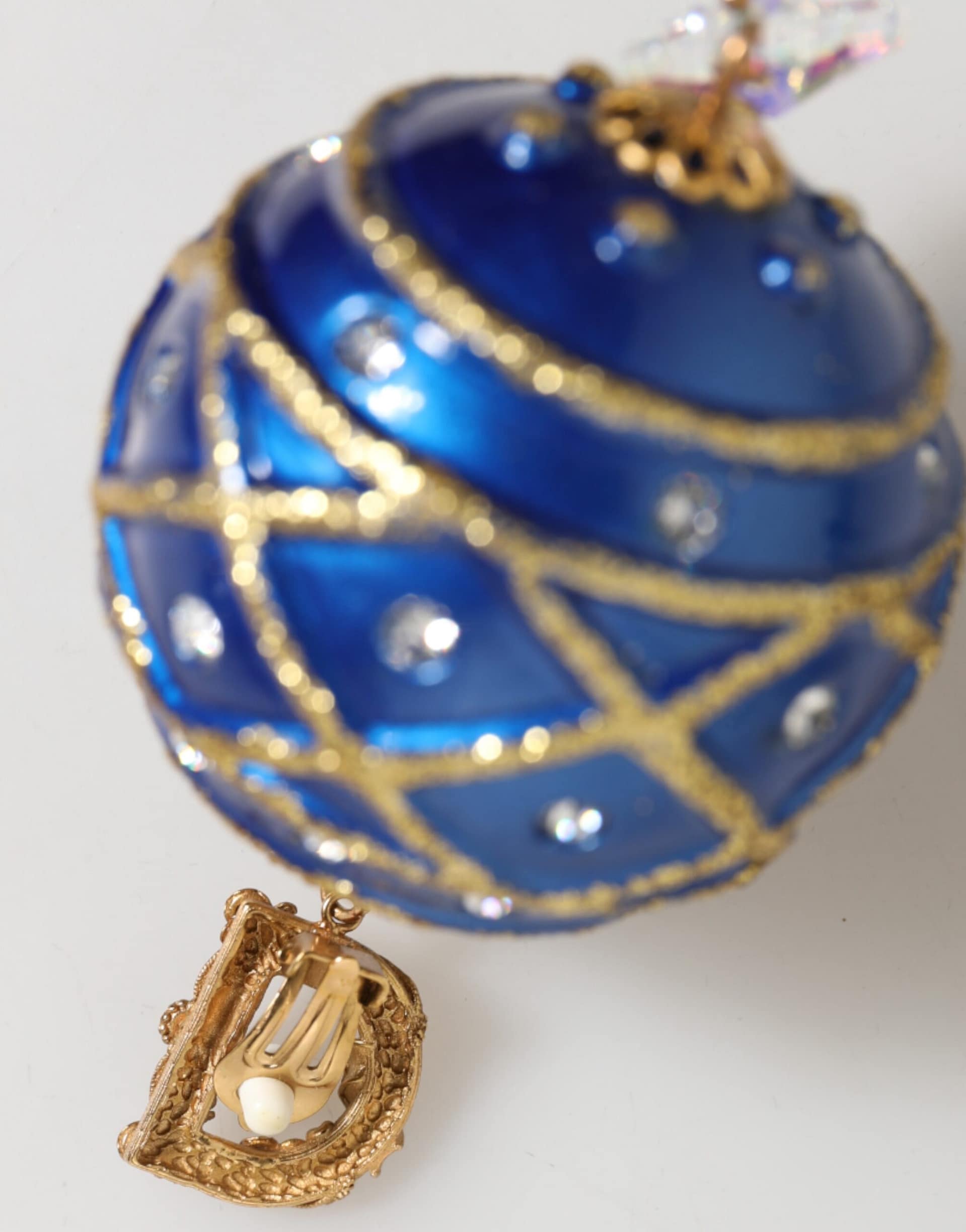 Dolce & Gabbana Gold Brass Blue Christmas Ball Crystal Drop Clip On Earrings - Image 7