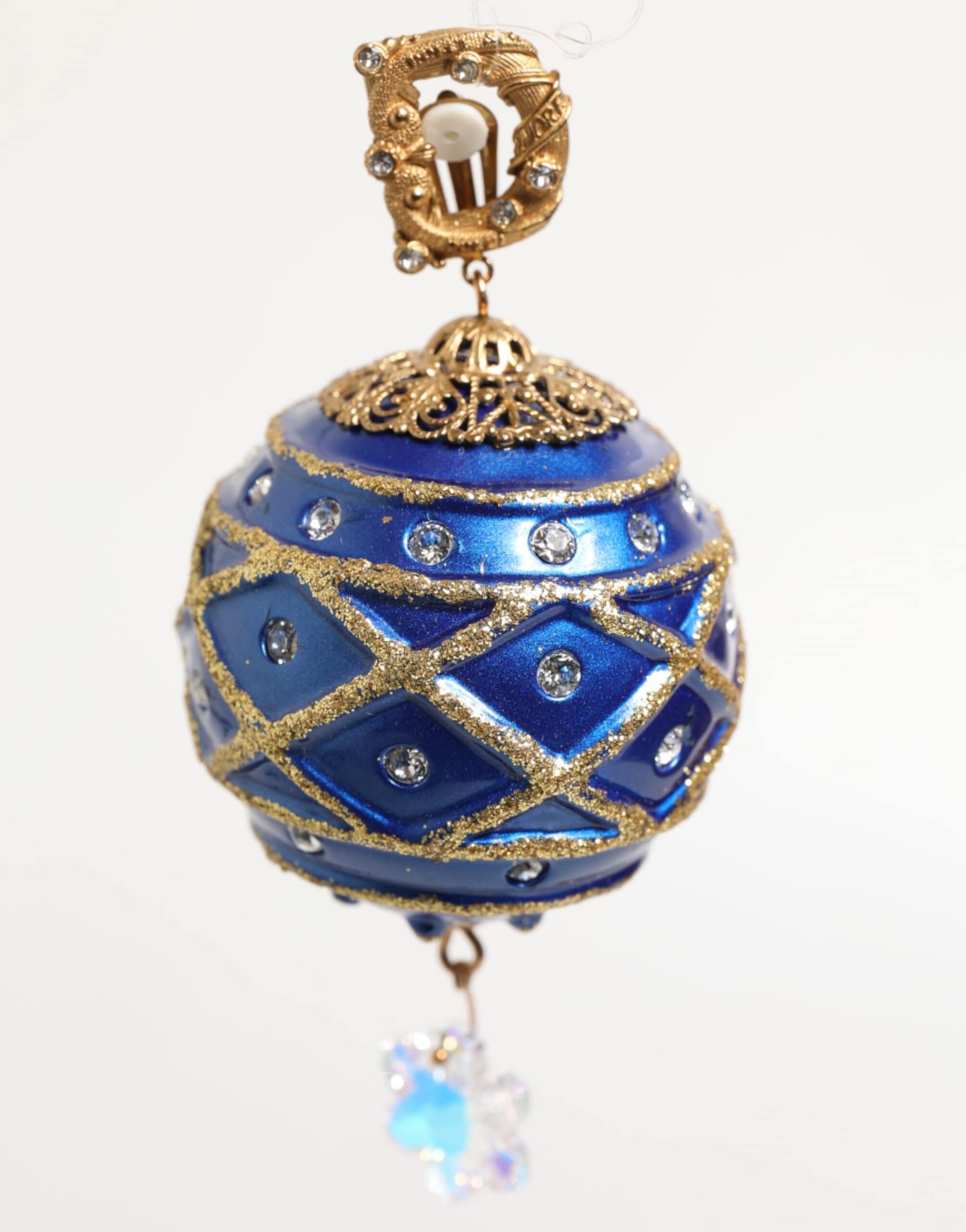 Dolce & Gabbana Gold Brass Blue Christmas Ball Crystal Drop Clip On Earrings - Image 8