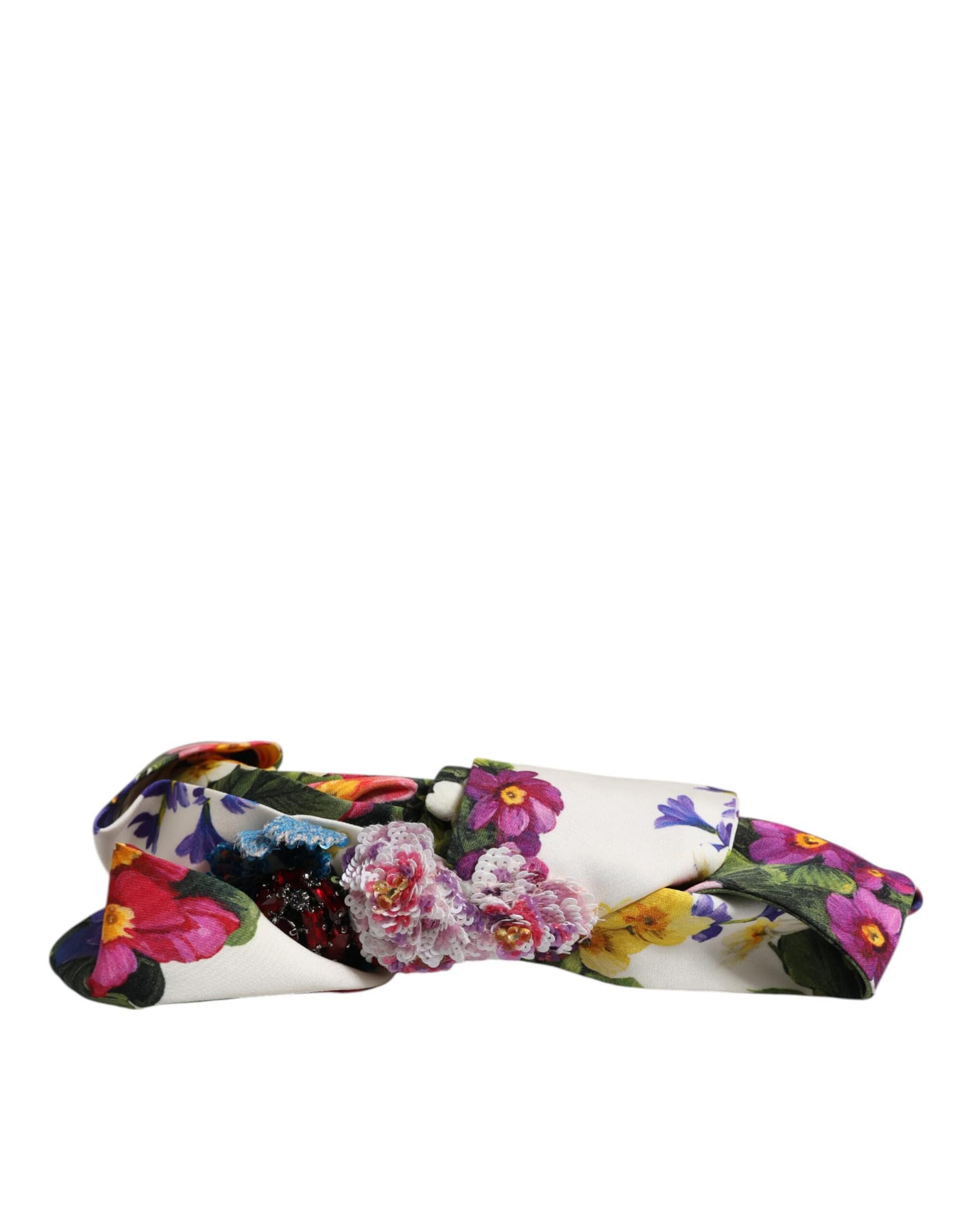Dolce & Gabbana White Multicolor Floral Silk Bow Crystal Embellished Headband - Image 2