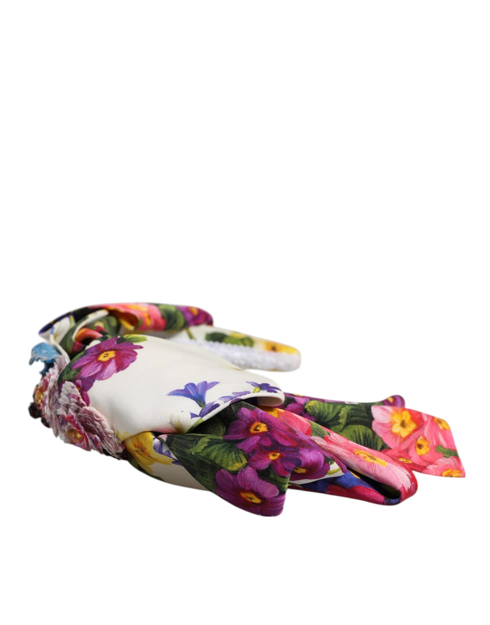 Dolce & Gabbana White Multicolor Floral Silk Bow Crystal Embellished Headband - Image 3