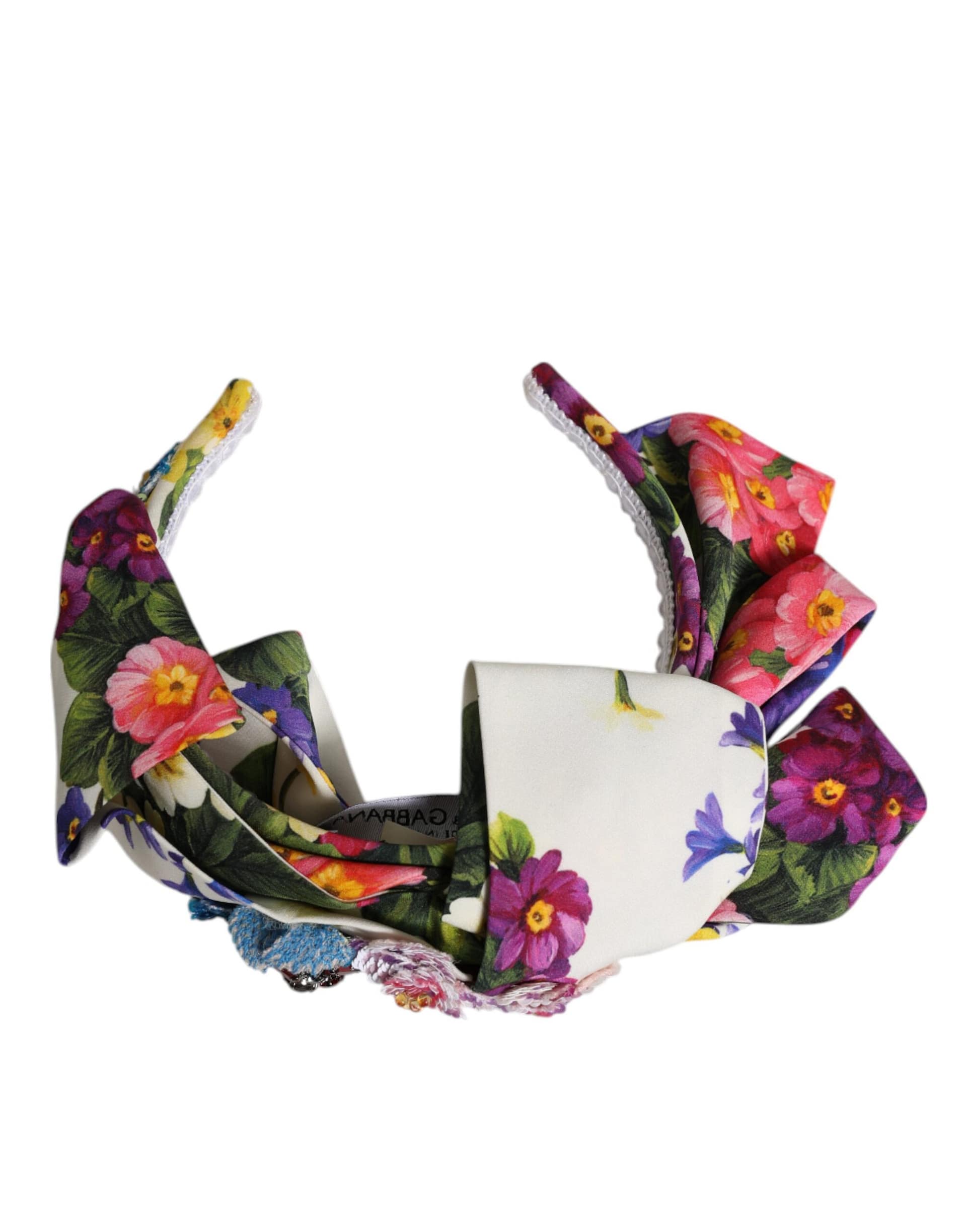 Dolce & Gabbana White Multicolor Floral Silk Bow Crystal Embellished Headband - Image 5