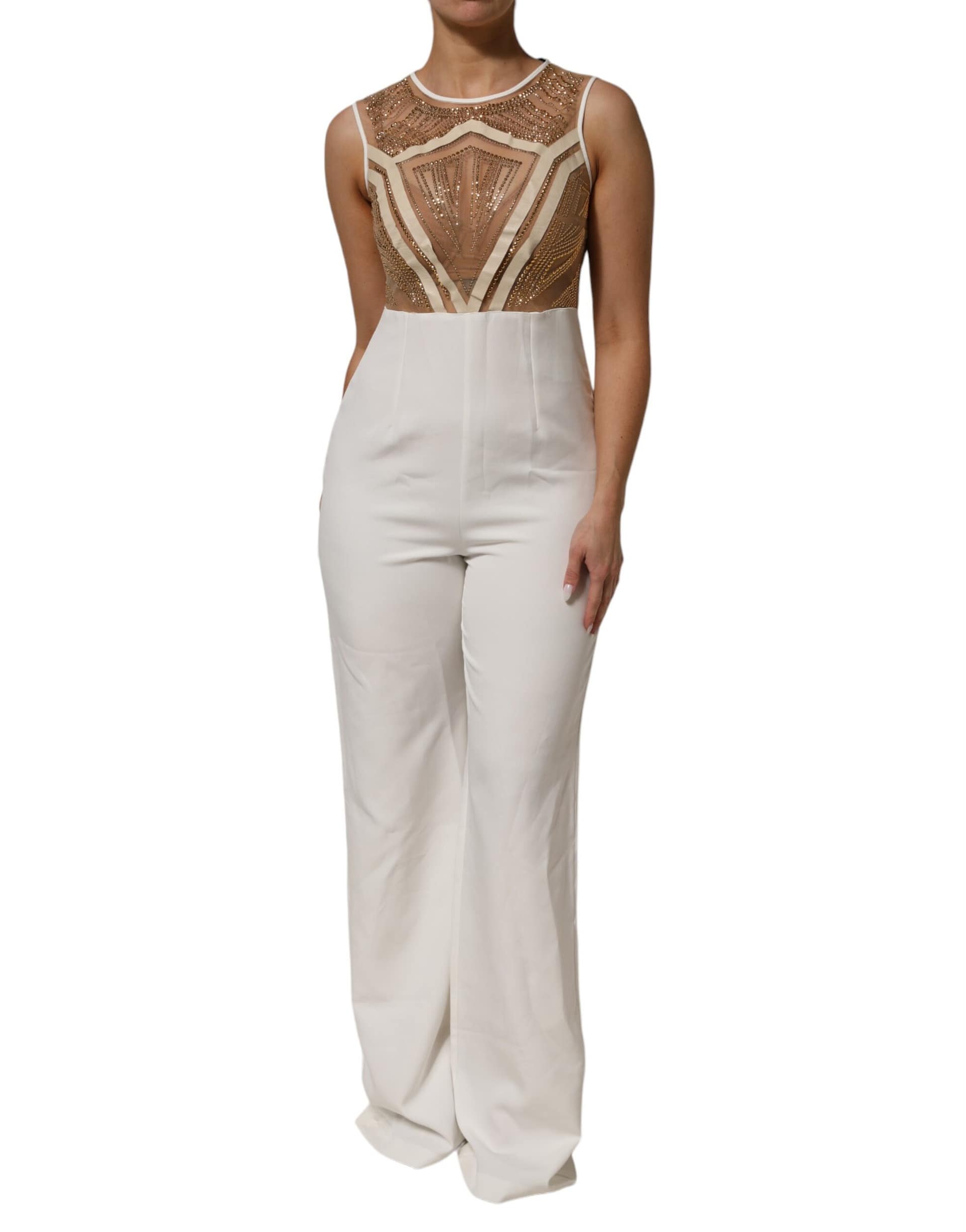 Mangano White Beige Mesh Crystal Embellished Sleeveless Jumpsuit - Image 2