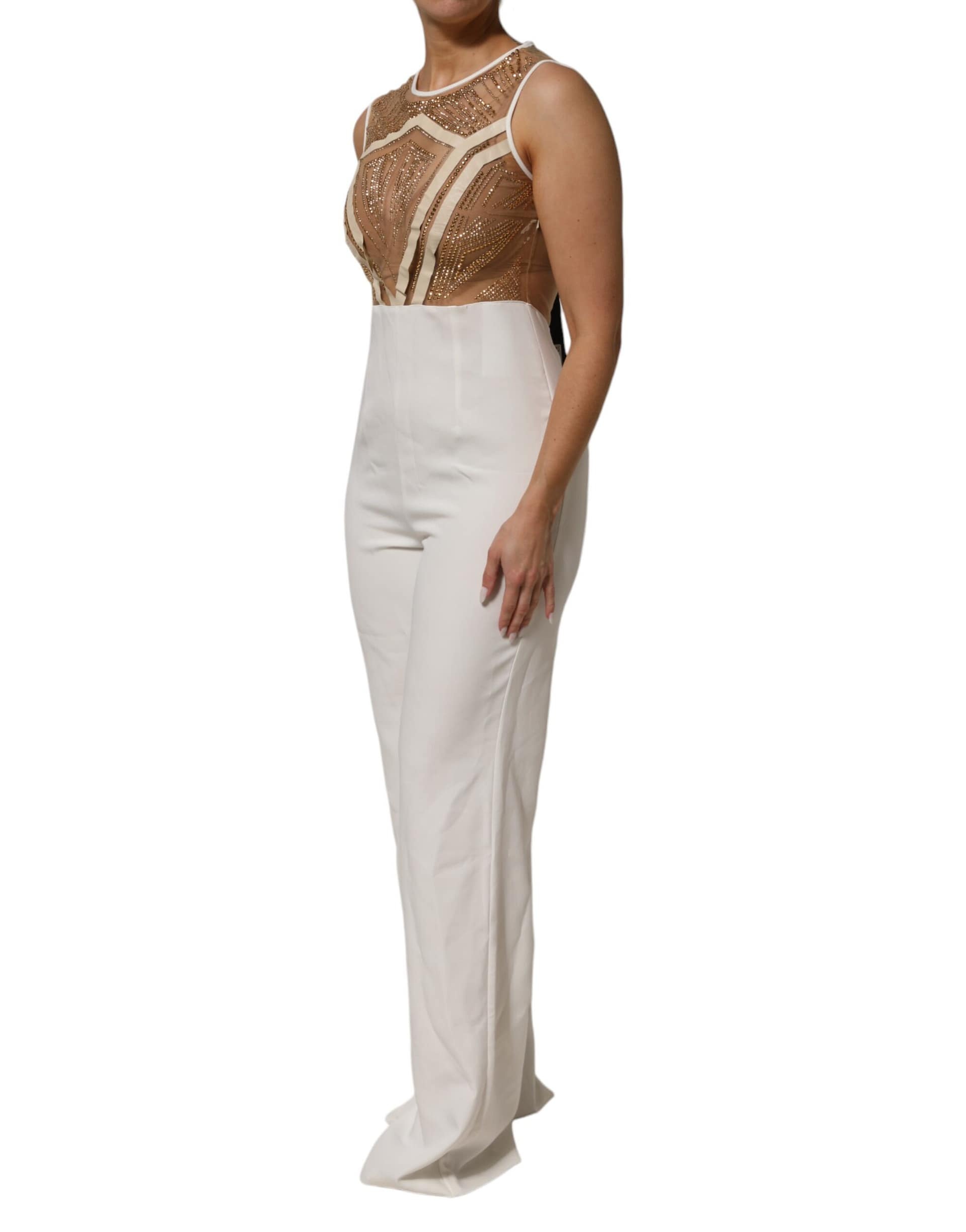 Mangano White Beige Mesh Crystal Embellished Sleeveless Jumpsuit - Image 3
