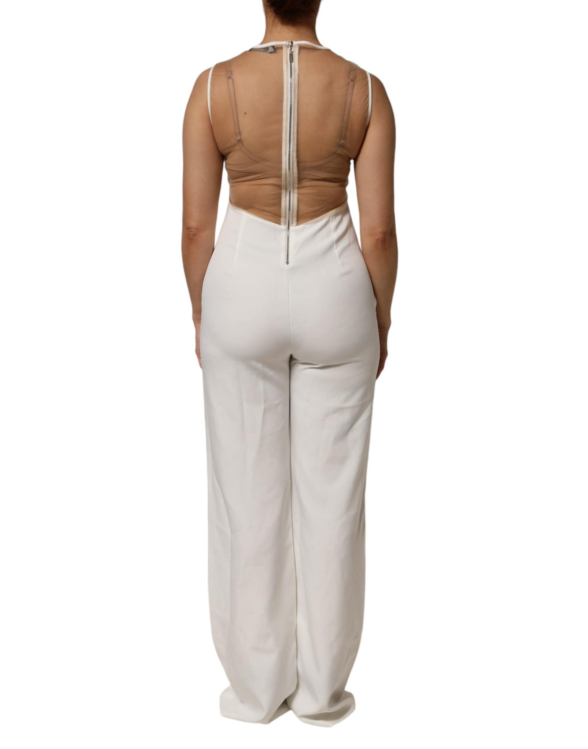 Mangano White Beige Mesh Crystal Embellished Sleeveless Jumpsuit - Image 4