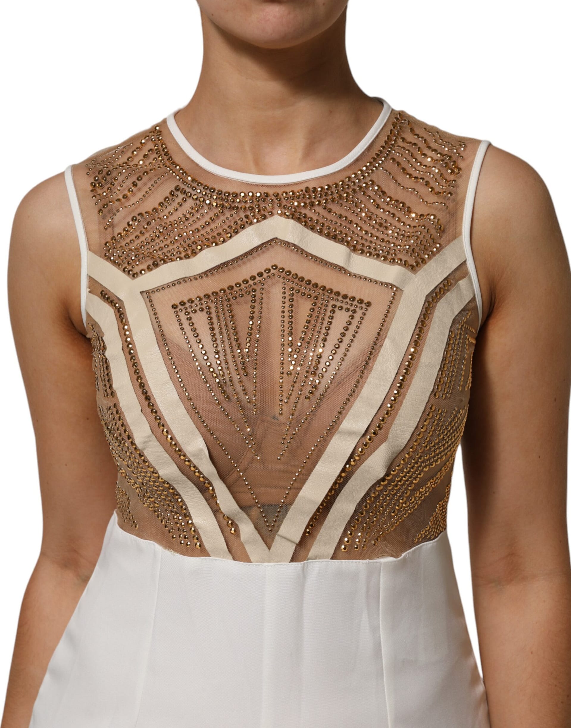 Mangano White Beige Mesh Crystal Embellished Sleeveless Jumpsuit - Image 5