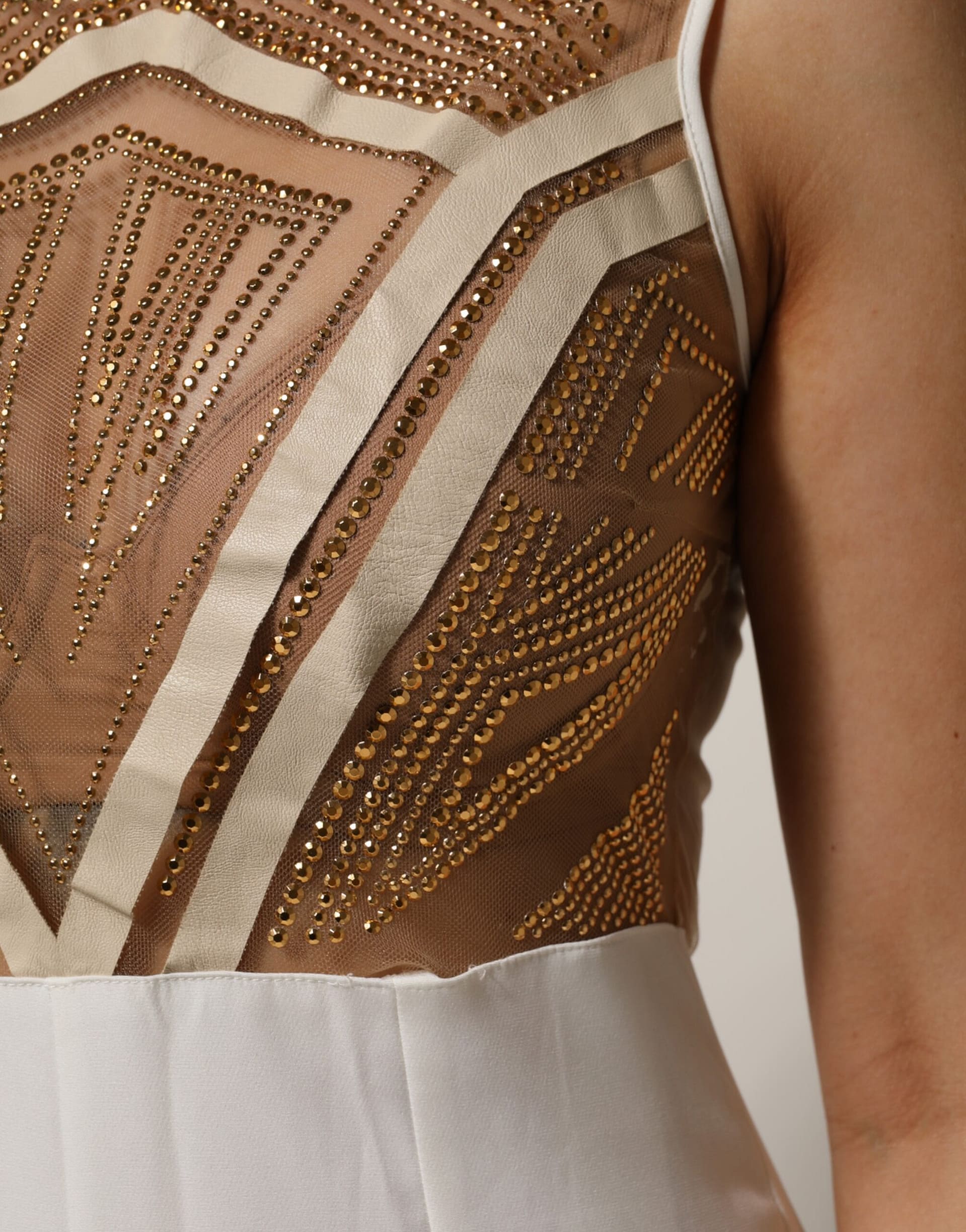 Mangano White Beige Mesh Crystal Embellished Sleeveless Jumpsuit - Image 6