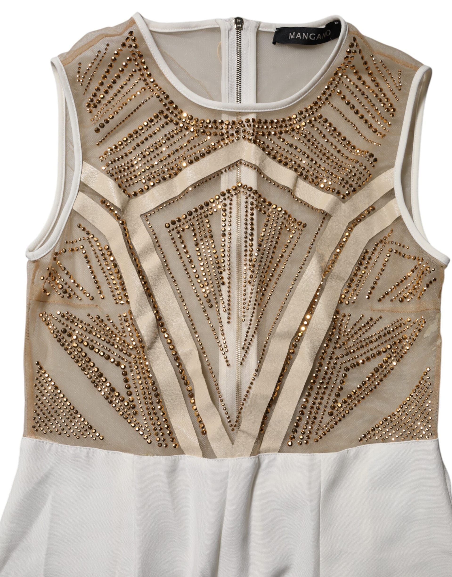 Mangano White Beige Mesh Crystal Embellished Sleeveless Jumpsuit - Image 7