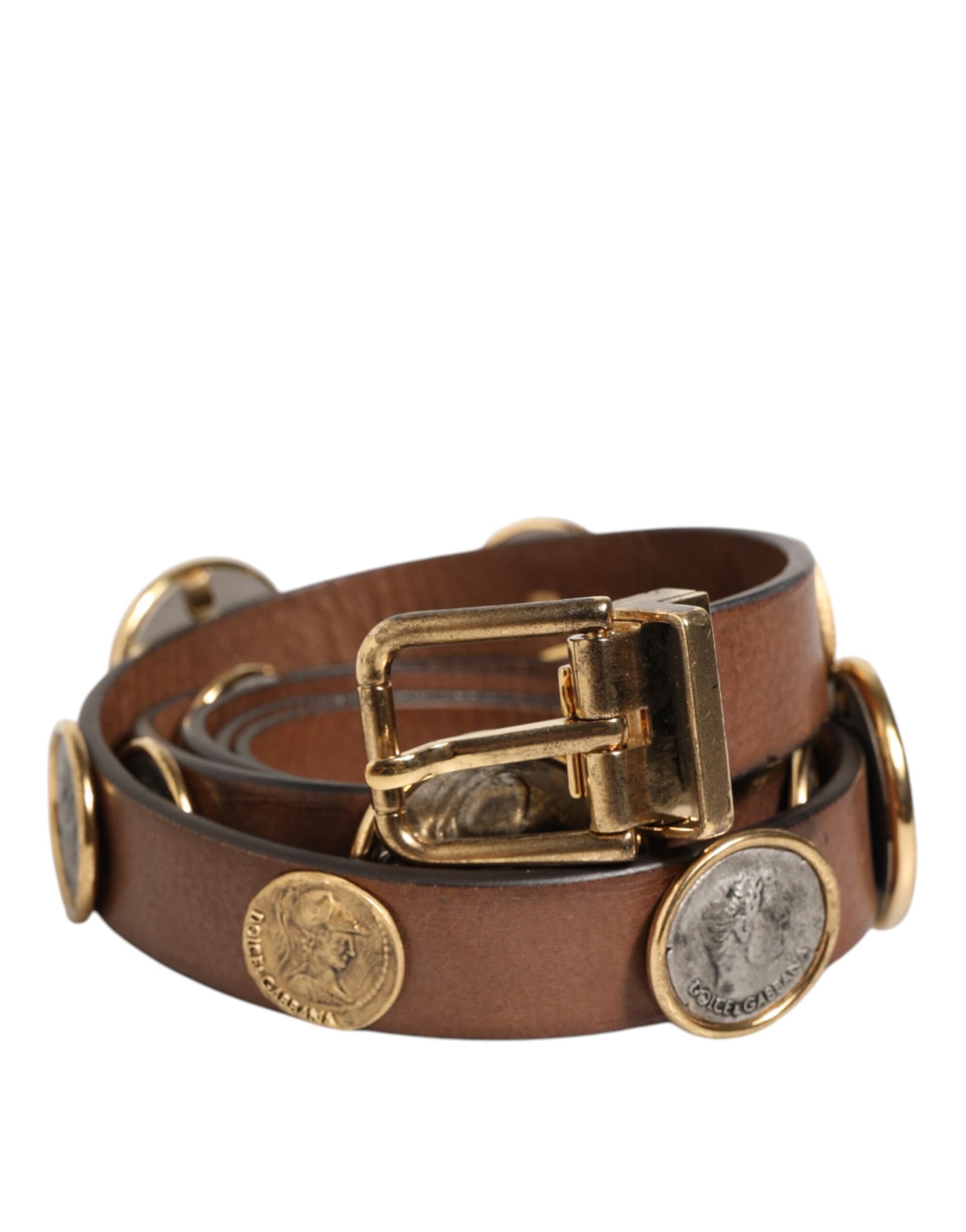 Dolce & Gabbana Brown Leather Gold Silver Coin Buckle Belt - Image 2