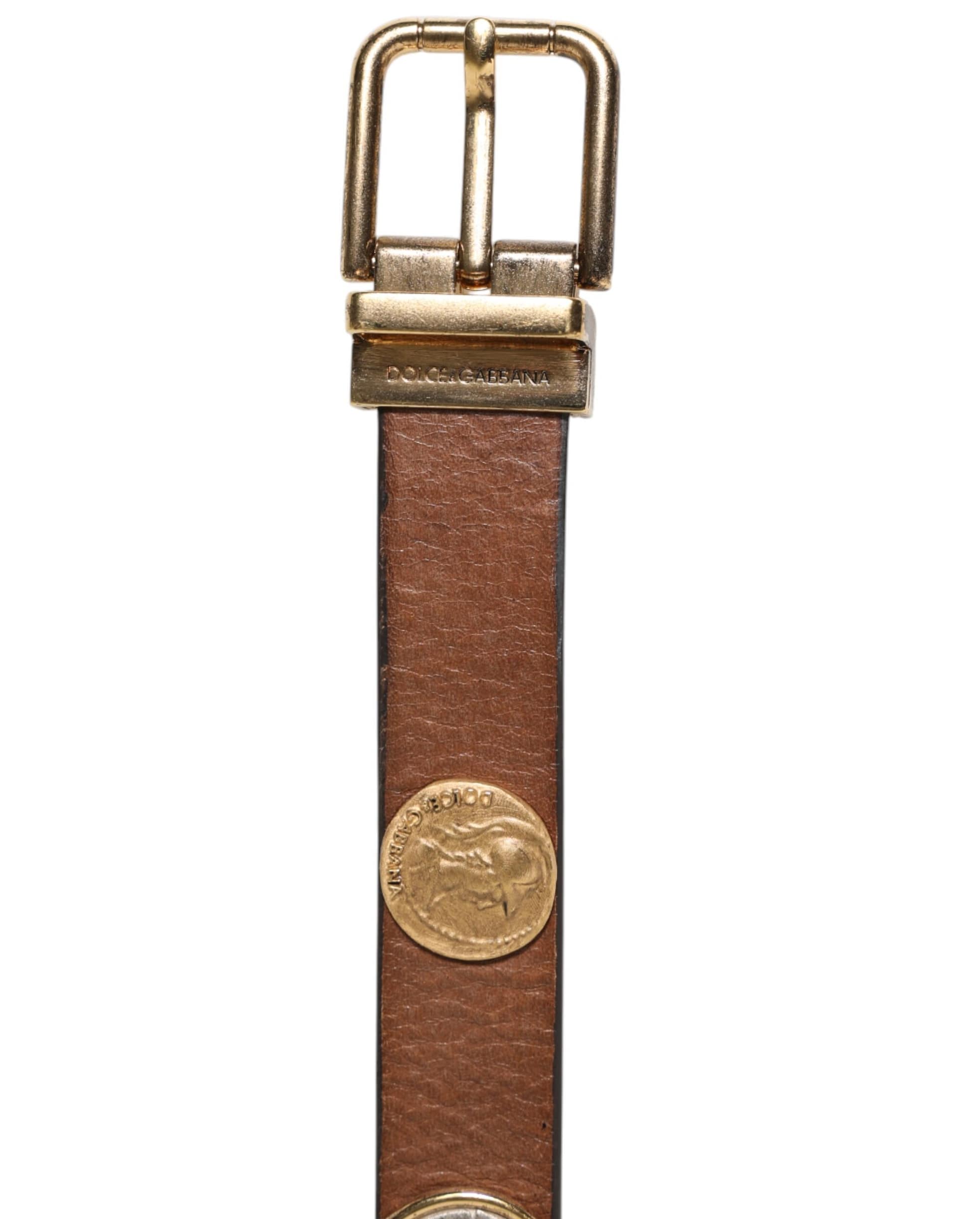 Dolce & Gabbana Brown Leather Gold Silver Coin Buckle Belt - Image 3