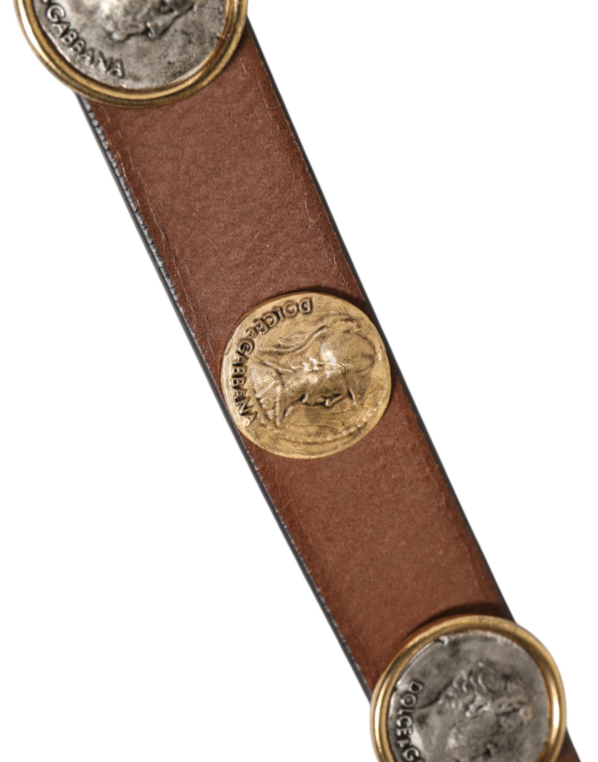 Dolce & Gabbana Brown Leather Gold Silver Coin Buckle Belt - Image 4