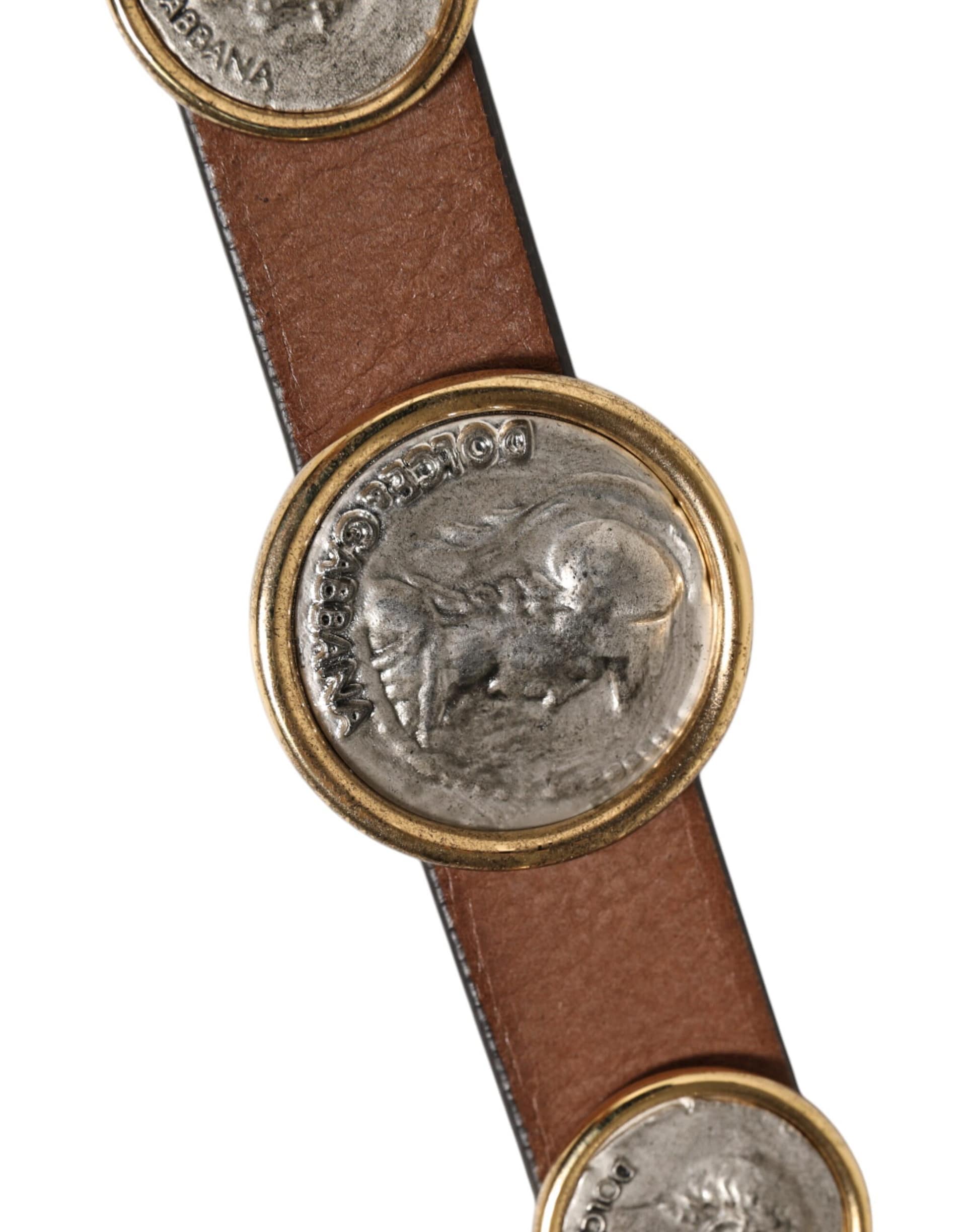 Dolce & Gabbana Brown Leather Gold Silver Coin Buckle Belt - Image 5