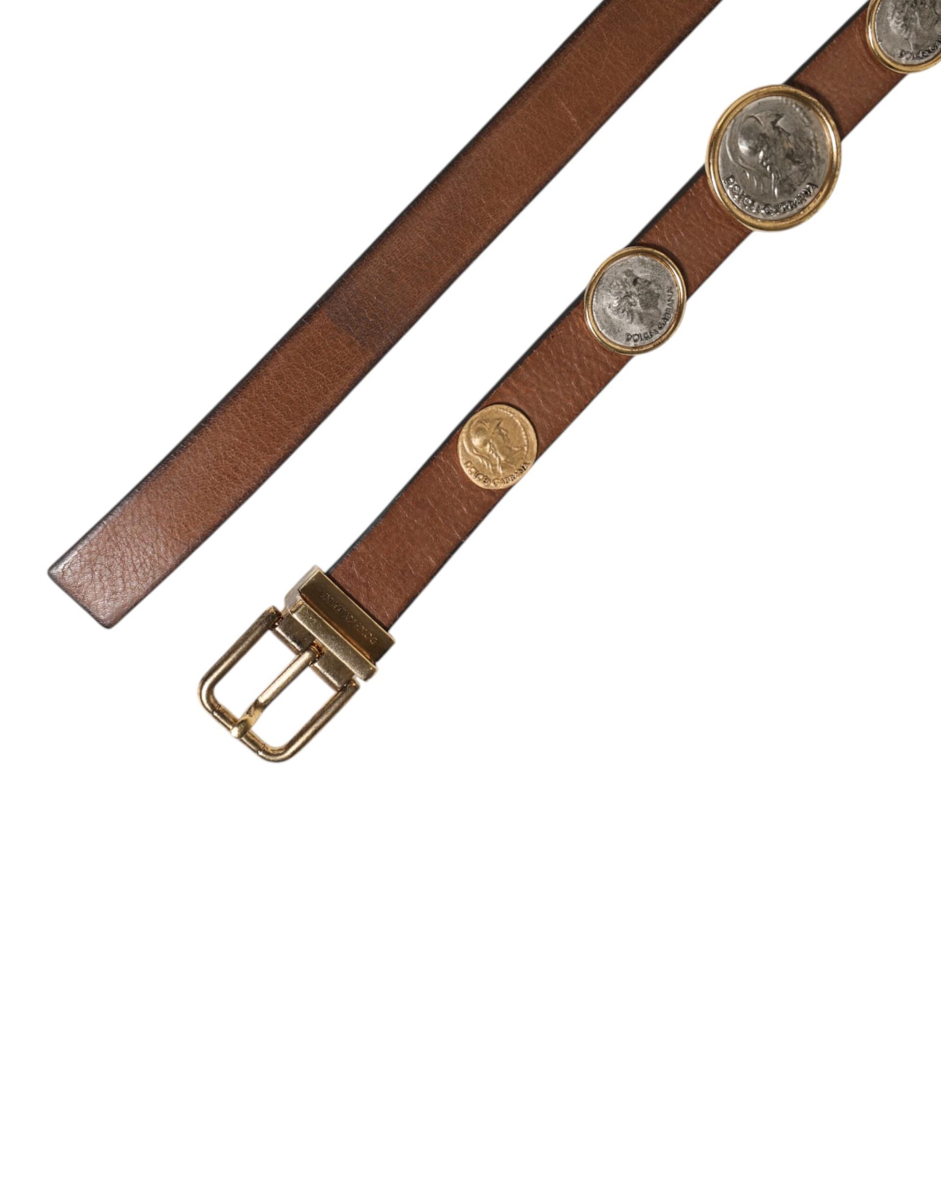 Dolce & Gabbana Brown Leather Gold Silver Coin Buckle Belt - Image 7