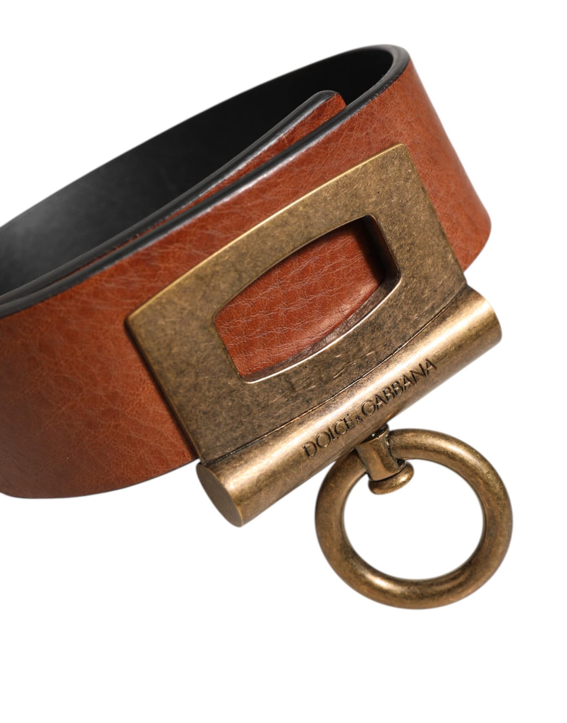 Dolce & Gabbana Brown Leather Side Rings Brass Buckle Belt - Image 3
