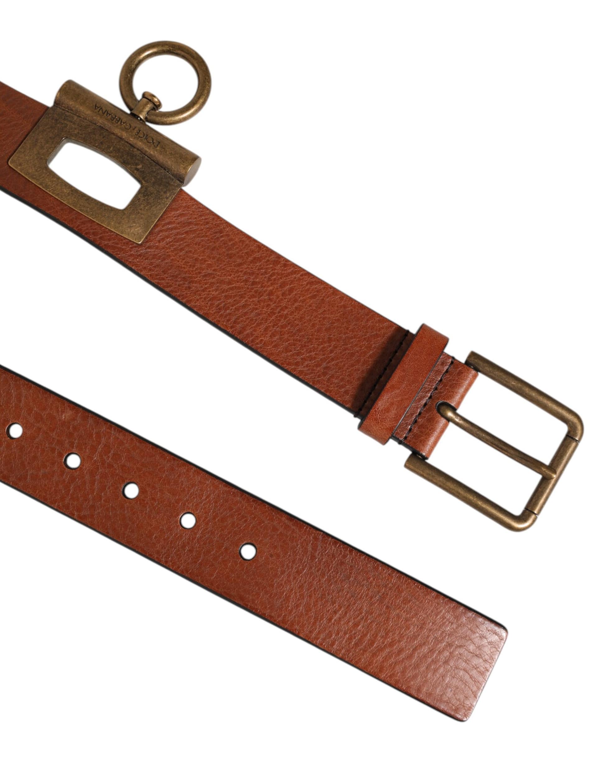 Dolce & Gabbana Brown Leather Side Rings Brass Buckle Belt - Image 4