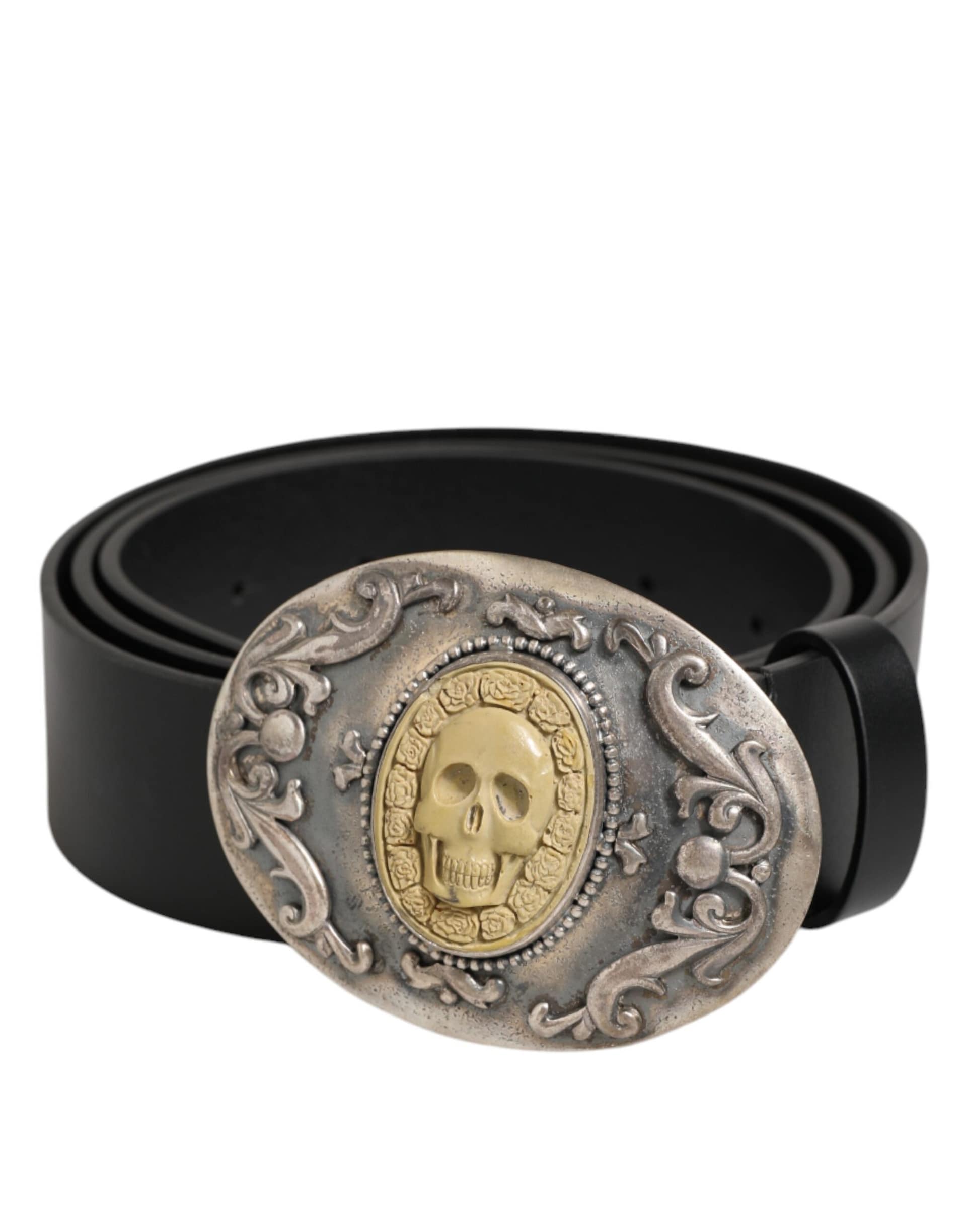 Dolce & Gabbana Black Leather Ornate Metal Buckle Men Belt - Image 2