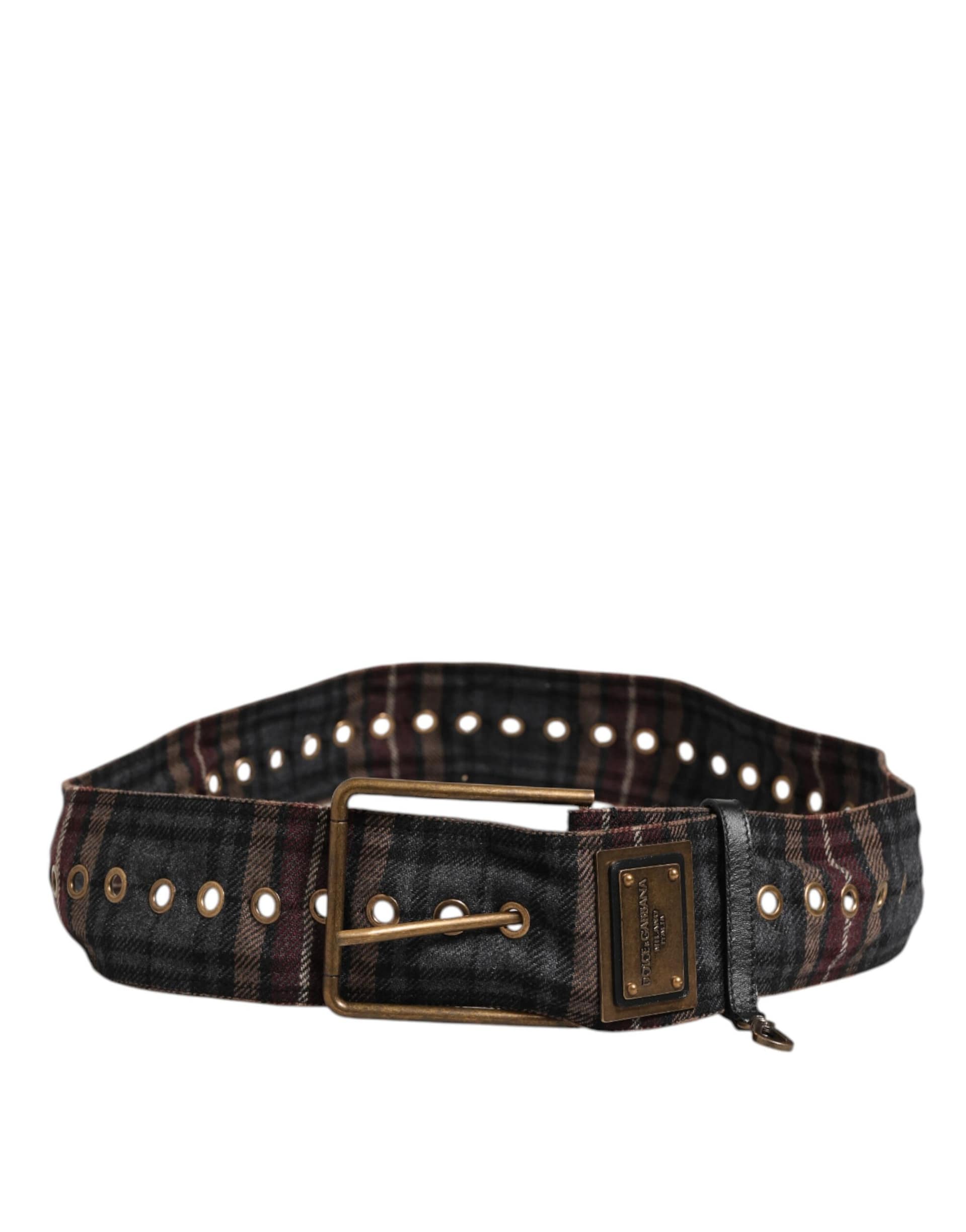 Dolce & Gabbana Plaid Fabric Logo Plate Brass Buckle Belt - Image 4