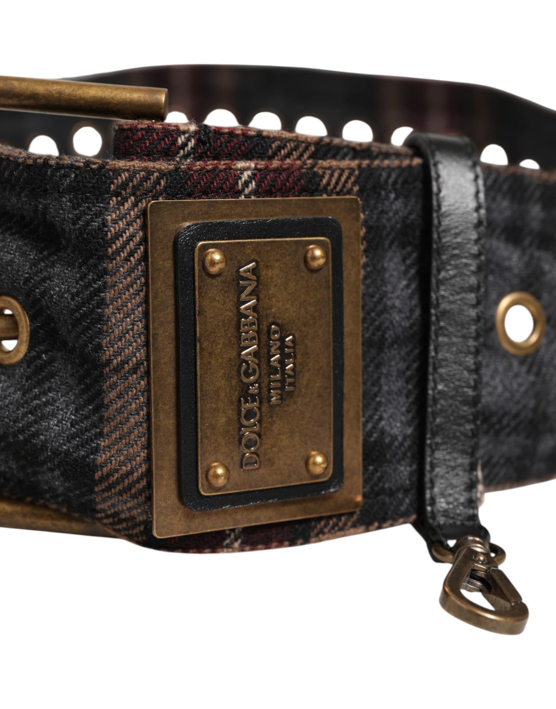 Dolce & Gabbana Plaid Fabric Logo Plate Brass Buckle Belt - Image 5