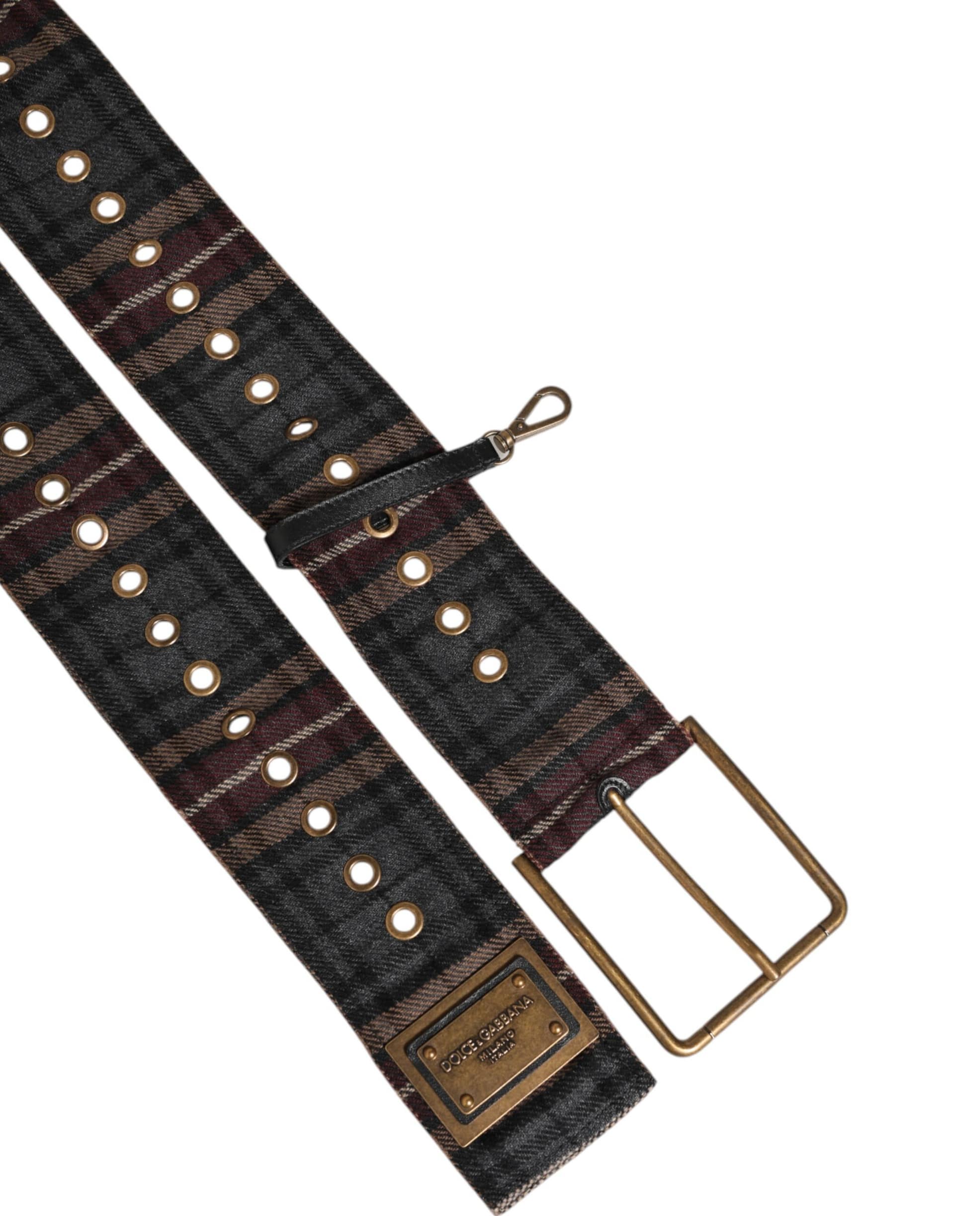 Dolce & Gabbana Plaid Fabric Logo Plate Brass Buckle Belt - Image 6
