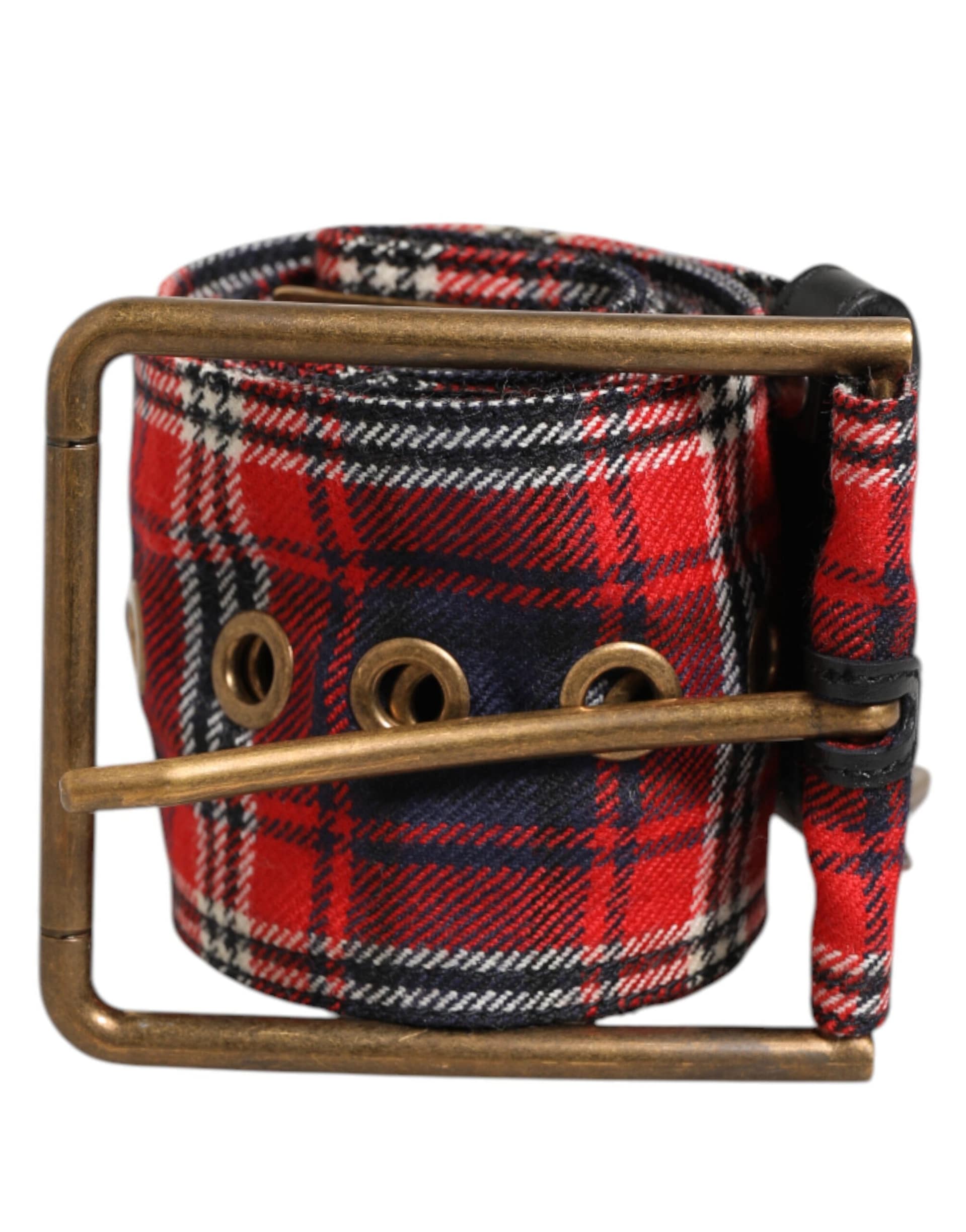 Dolce & Gabbana Red Plaid Fabric Logo Plate Brass Buckle Belt - Image 2