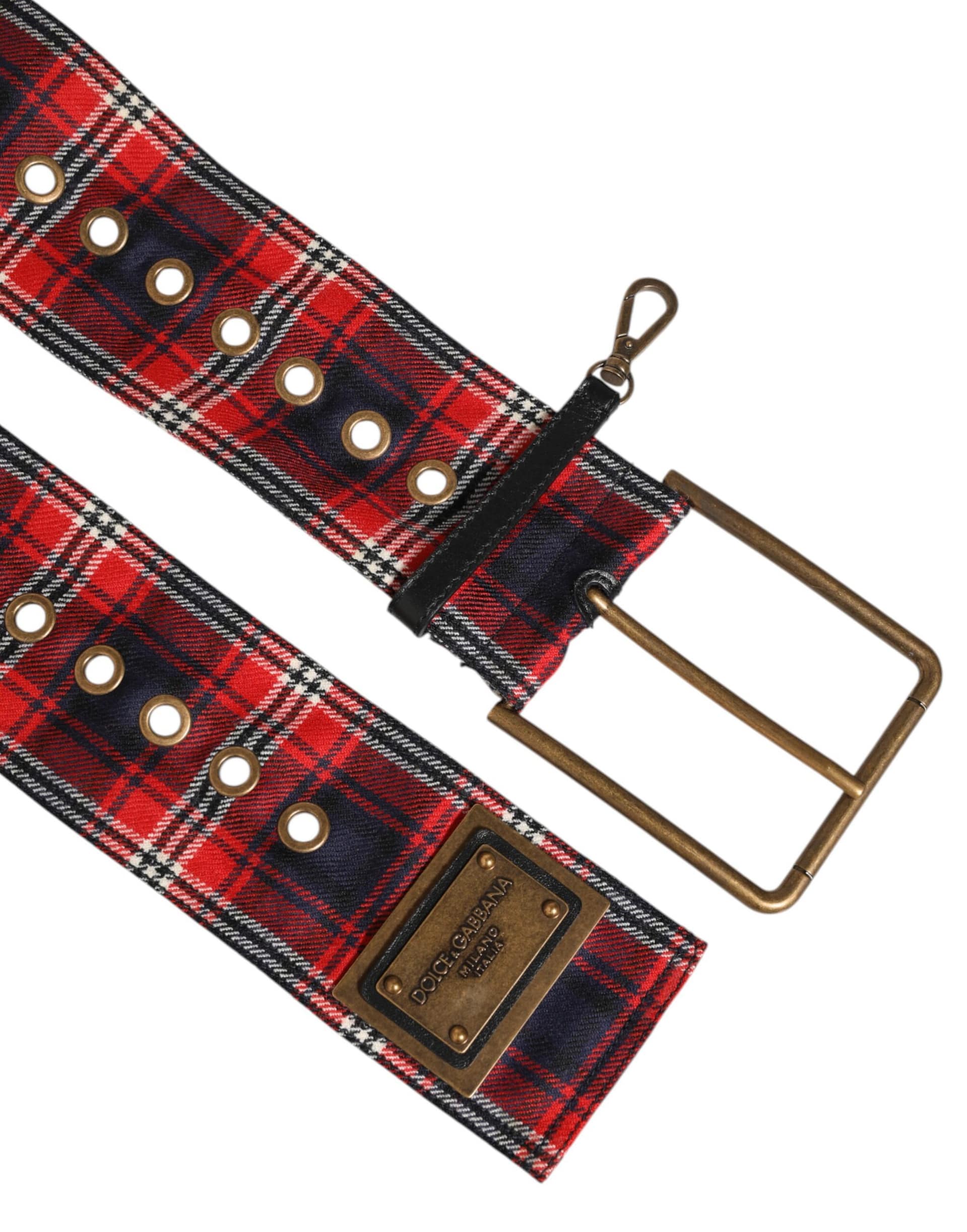 Dolce & Gabbana Red Plaid Fabric Logo Plate Brass Buckle Belt - Image 3