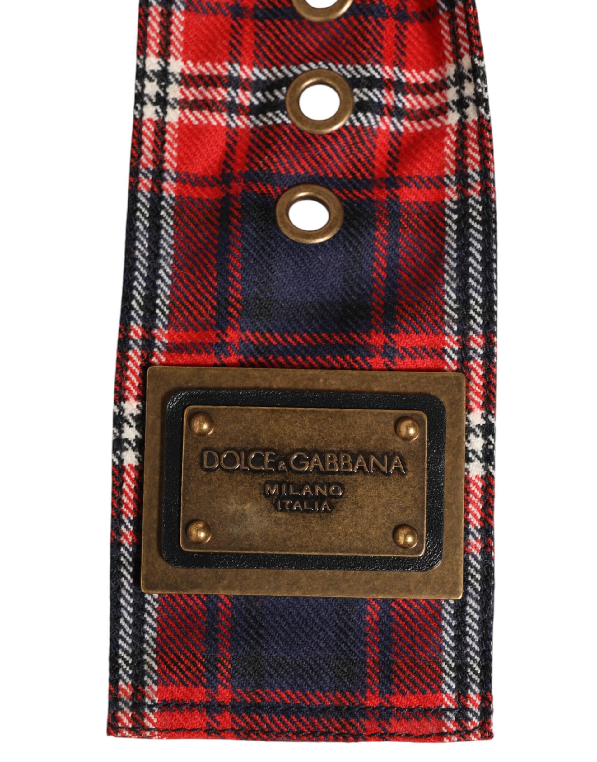Dolce & Gabbana Red Plaid Fabric Logo Plate Brass Buckle Belt - Image 4