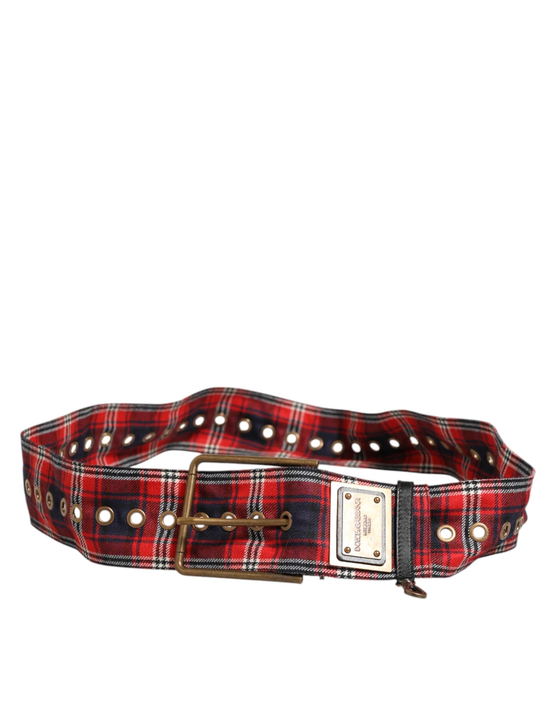 Dolce & Gabbana Red Plaid Fabric Logo Plate Brass Buckle Belt - Image 5