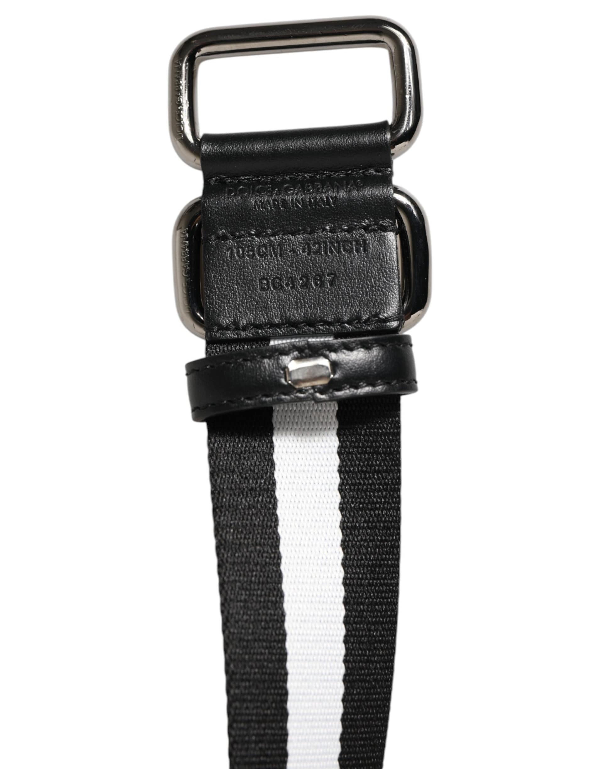 Dolce & Gabbana Black White Striped Metal Buckle Men Belt - Image 3