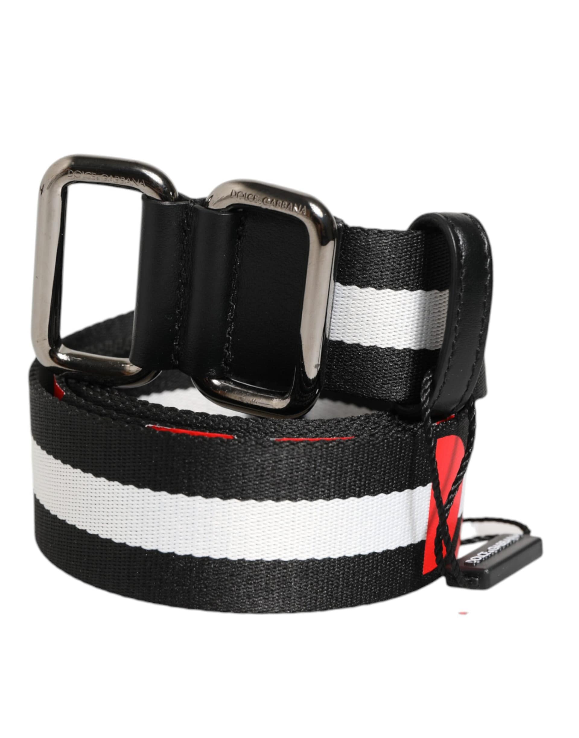 Dolce & Gabbana Black White Striped Logo Metal Buckle Belt - Image 2