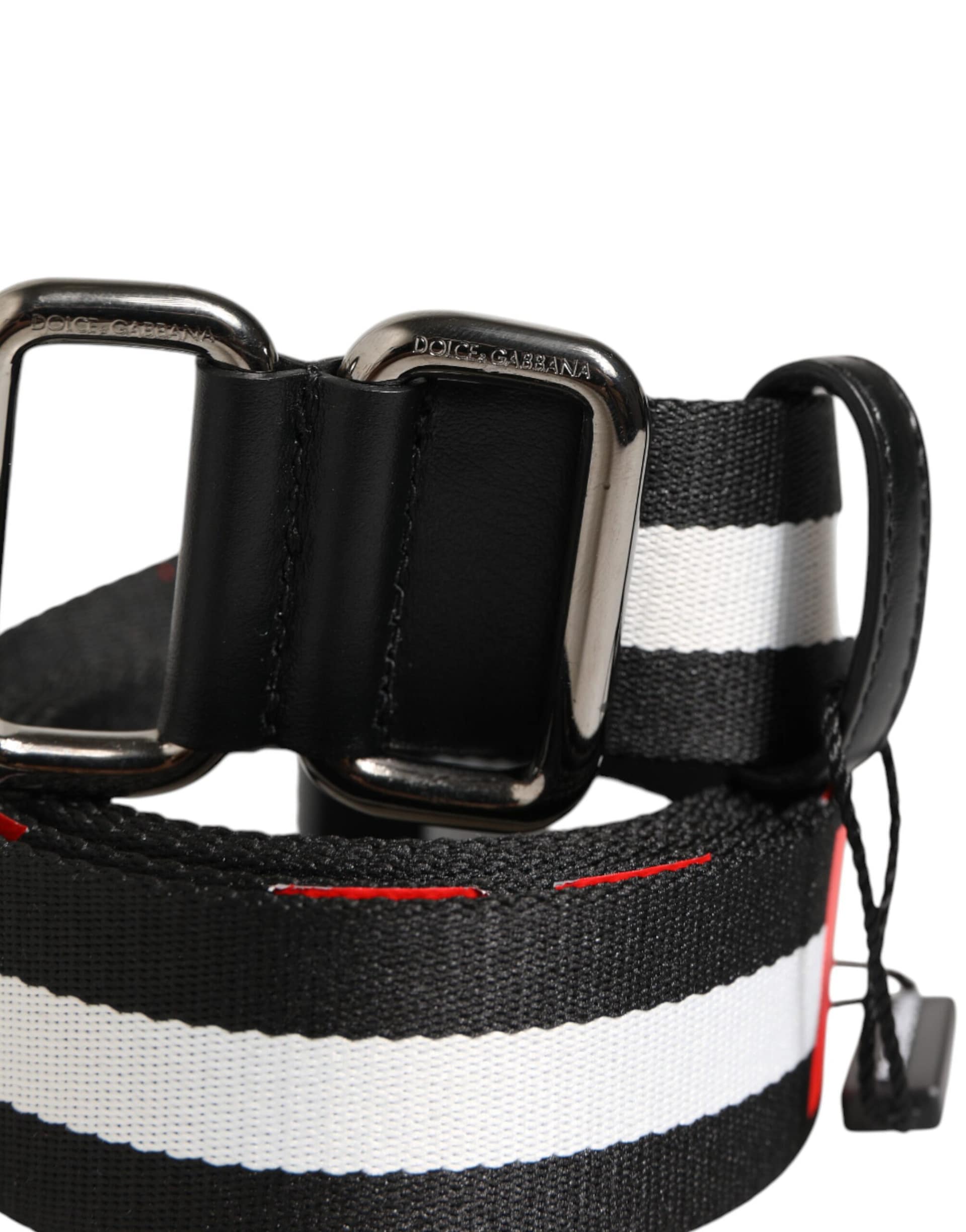 Dolce & Gabbana Black White Striped Logo Metal Buckle Belt - Image 3