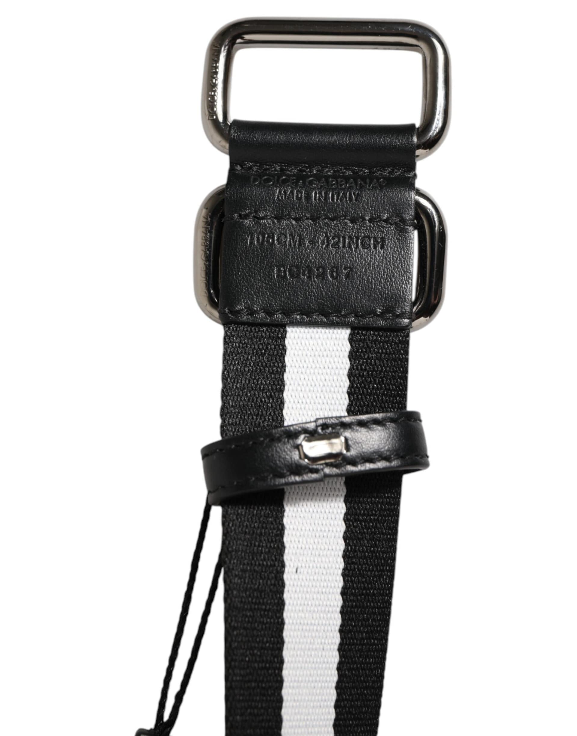 Dolce & Gabbana Black White Striped Logo Metal Buckle Belt - Image 4