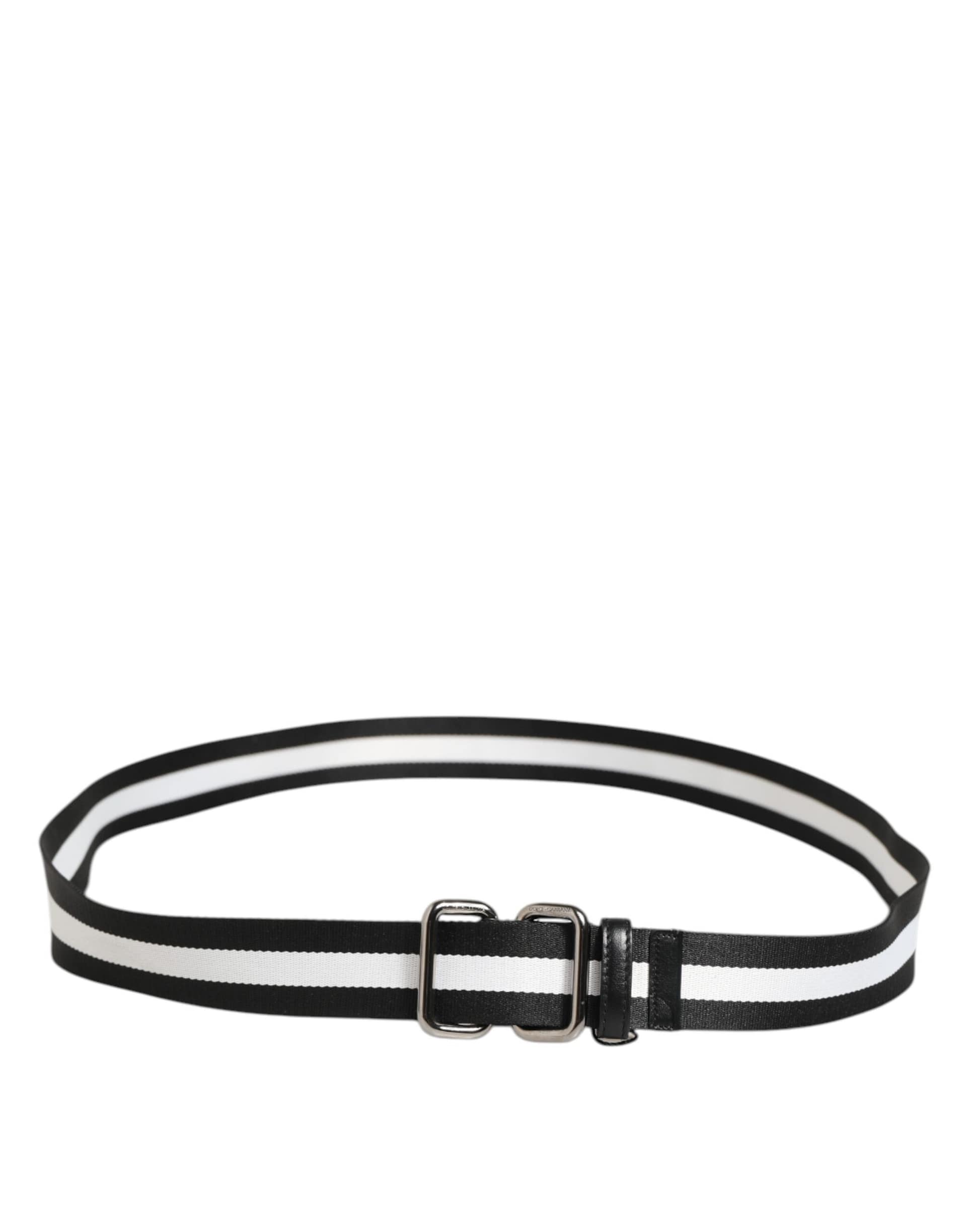 Dolce & Gabbana Black White Striped Logo Metal Buckle Belt - Image 5