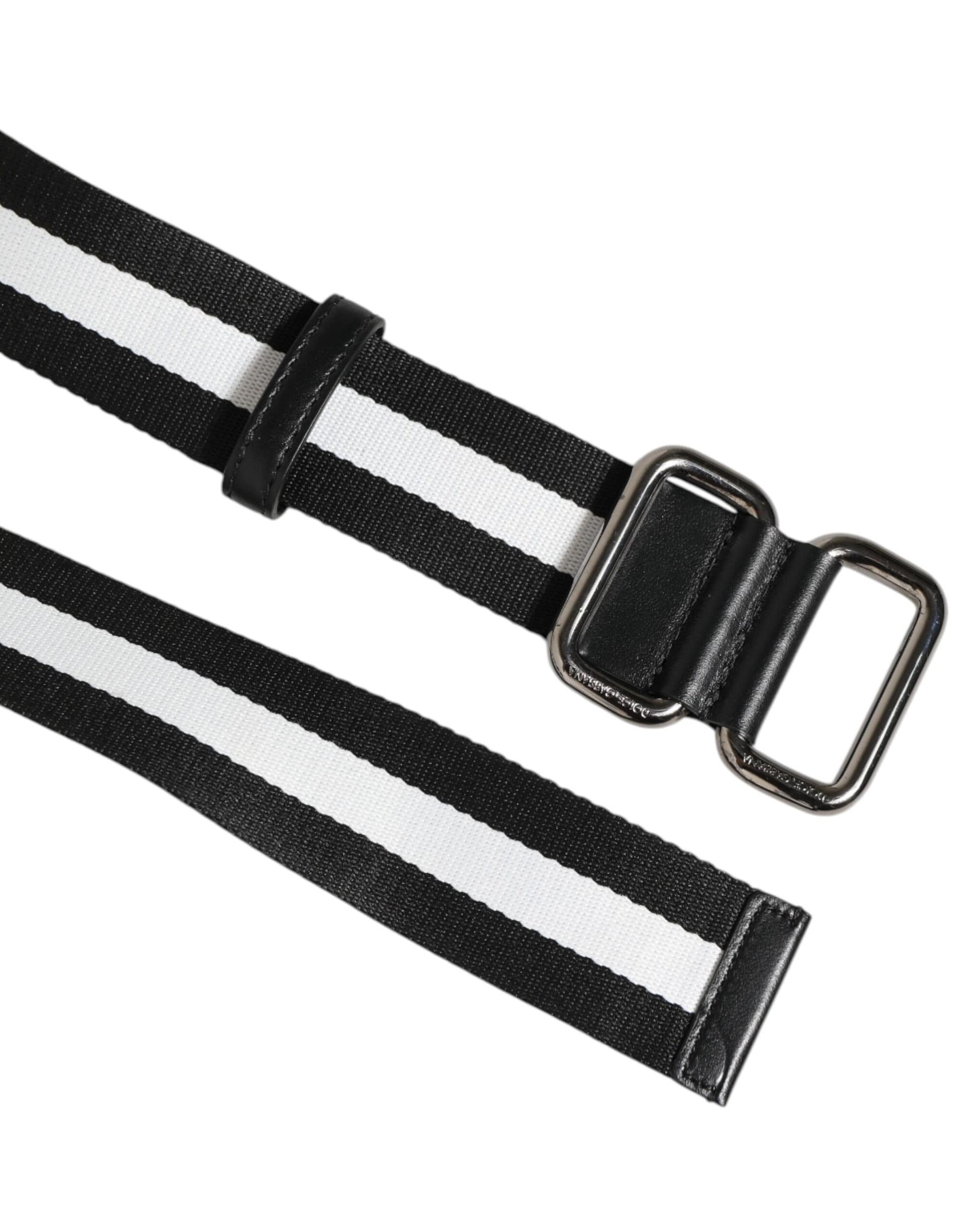 Dolce & Gabbana Black White Striped Logo Metal Buckle Belt - Image 6