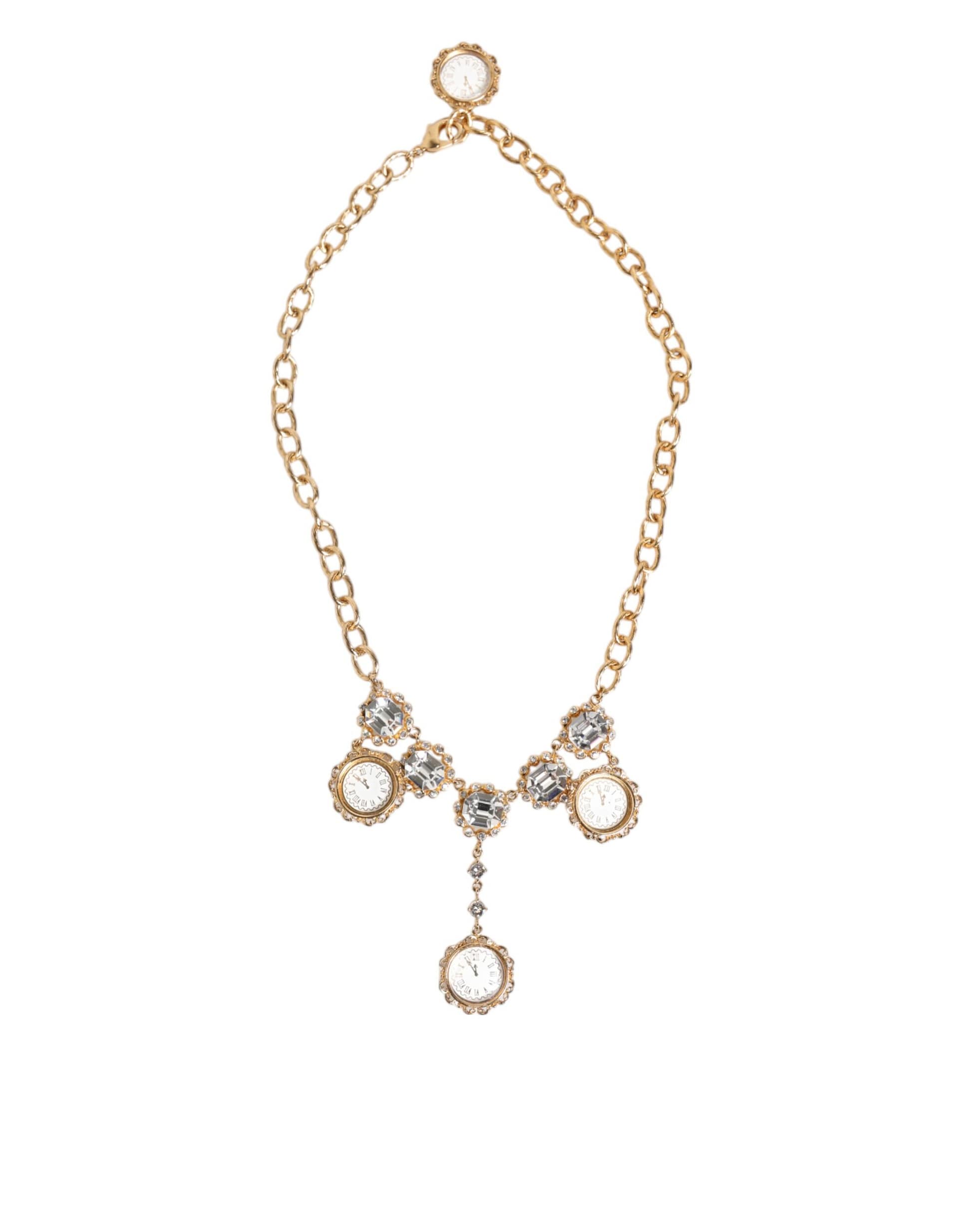 Dolce & Gabbana Gold Crystal Clock Pendant Statement Jewelry Necklace - Image 2