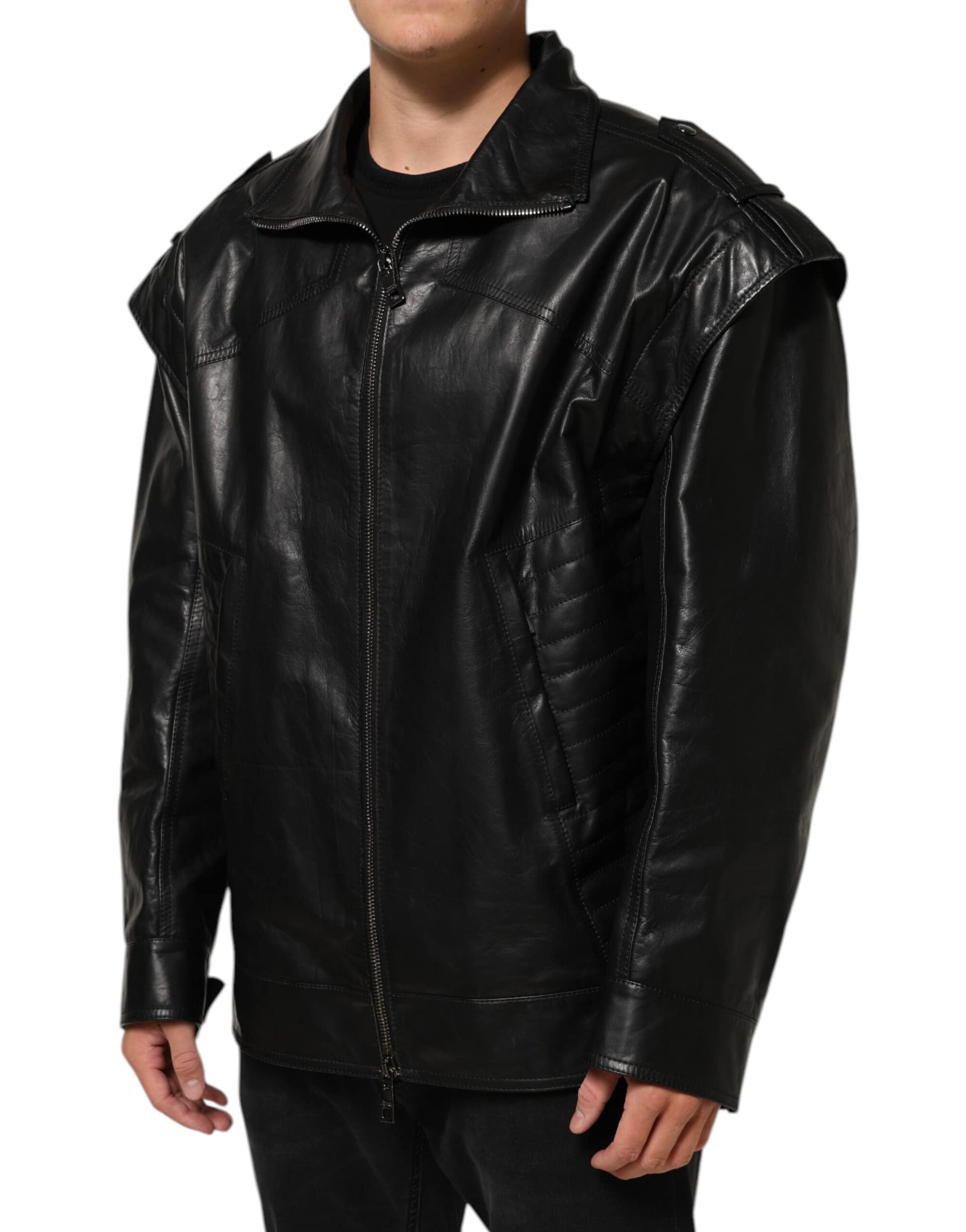 Dolce & Gabbana Black Leather Full Zip Biker Blouson Jacket - Image 3