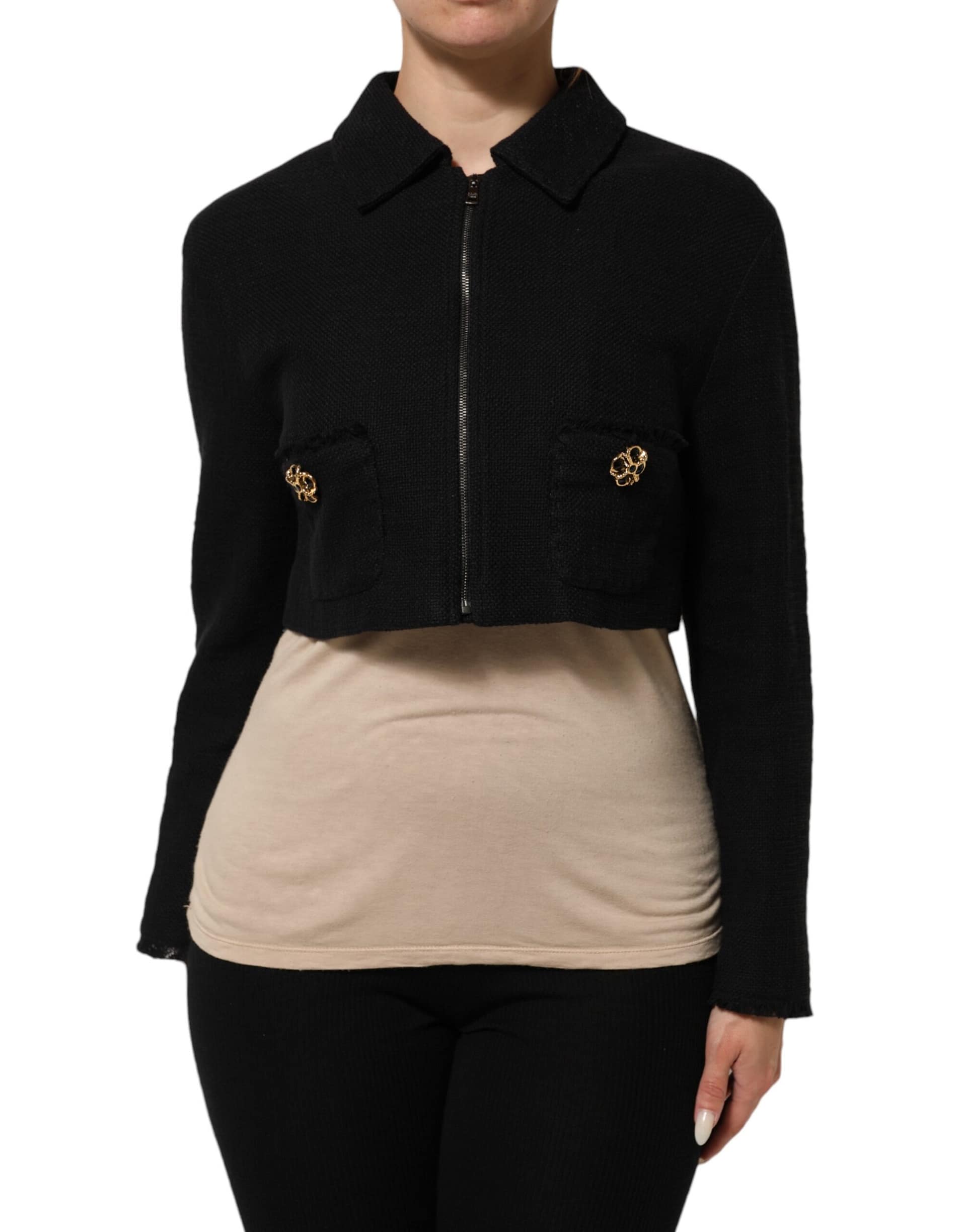 Dolce & Gabbana Black Cotton Full Zip Cropped Coat Jacket