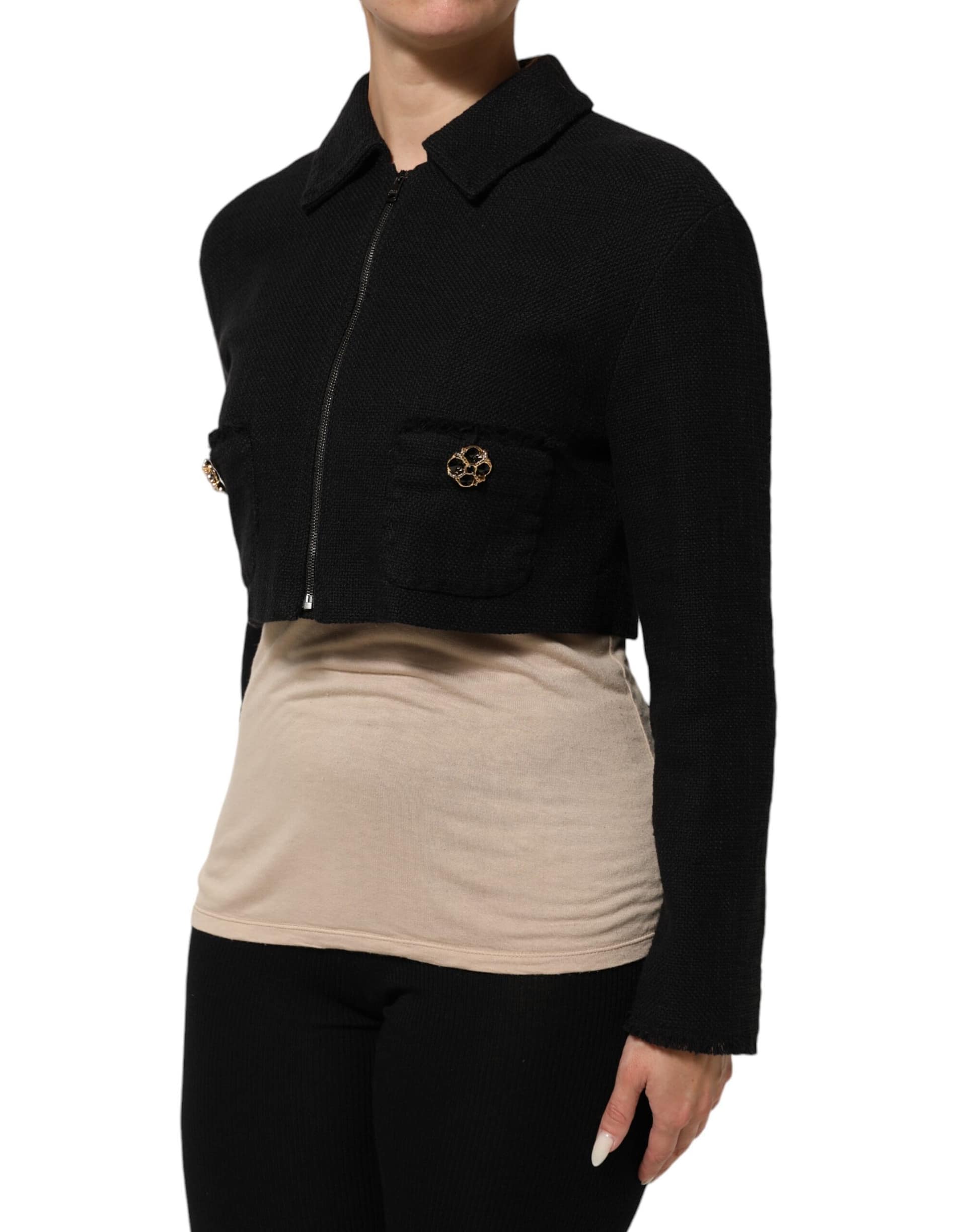 Dolce & Gabbana Black Cotton Full Zip Cropped Coat Jacket - Image 3