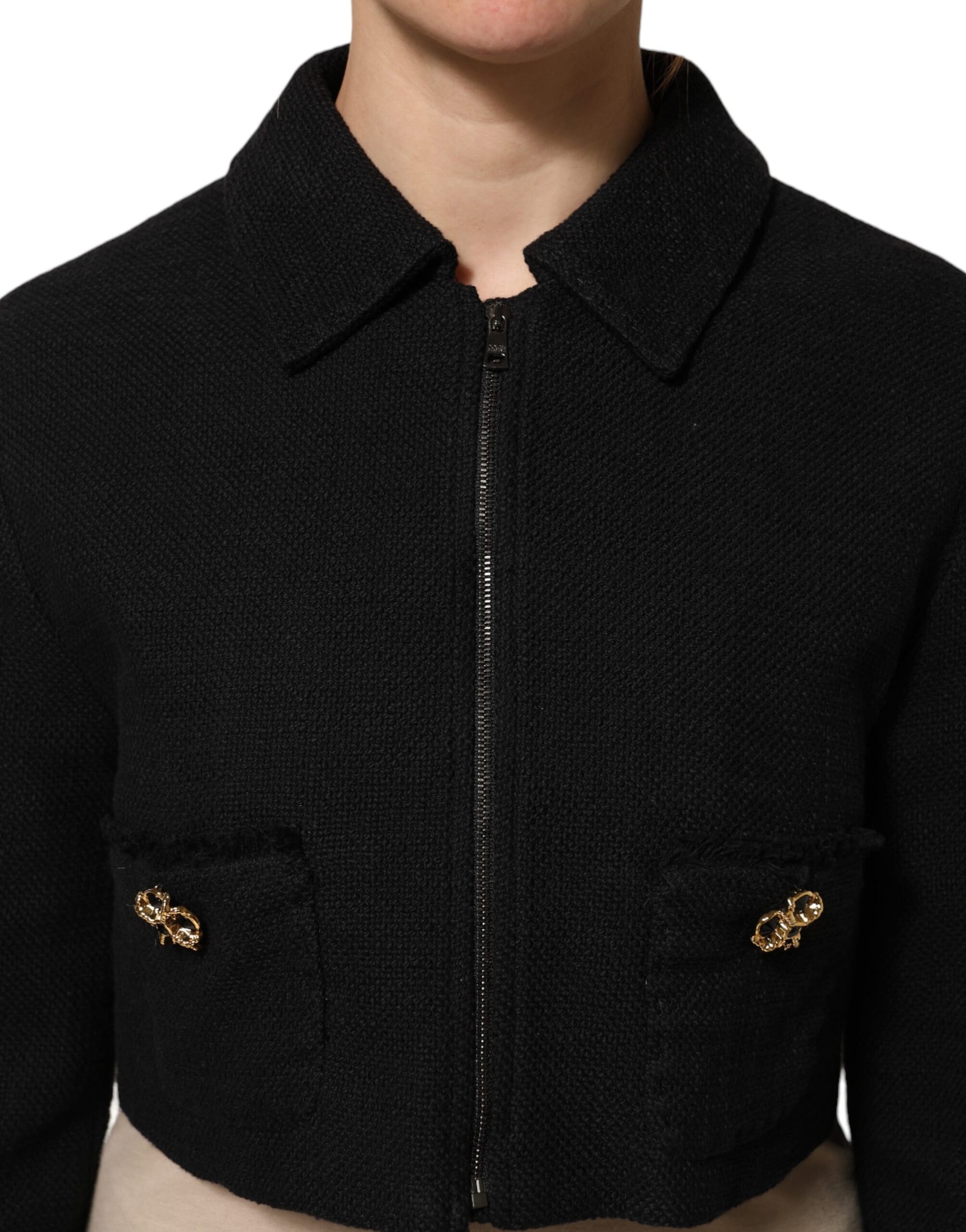 Dolce & Gabbana Black Cotton Full Zip Cropped Coat Jacket - Image 5