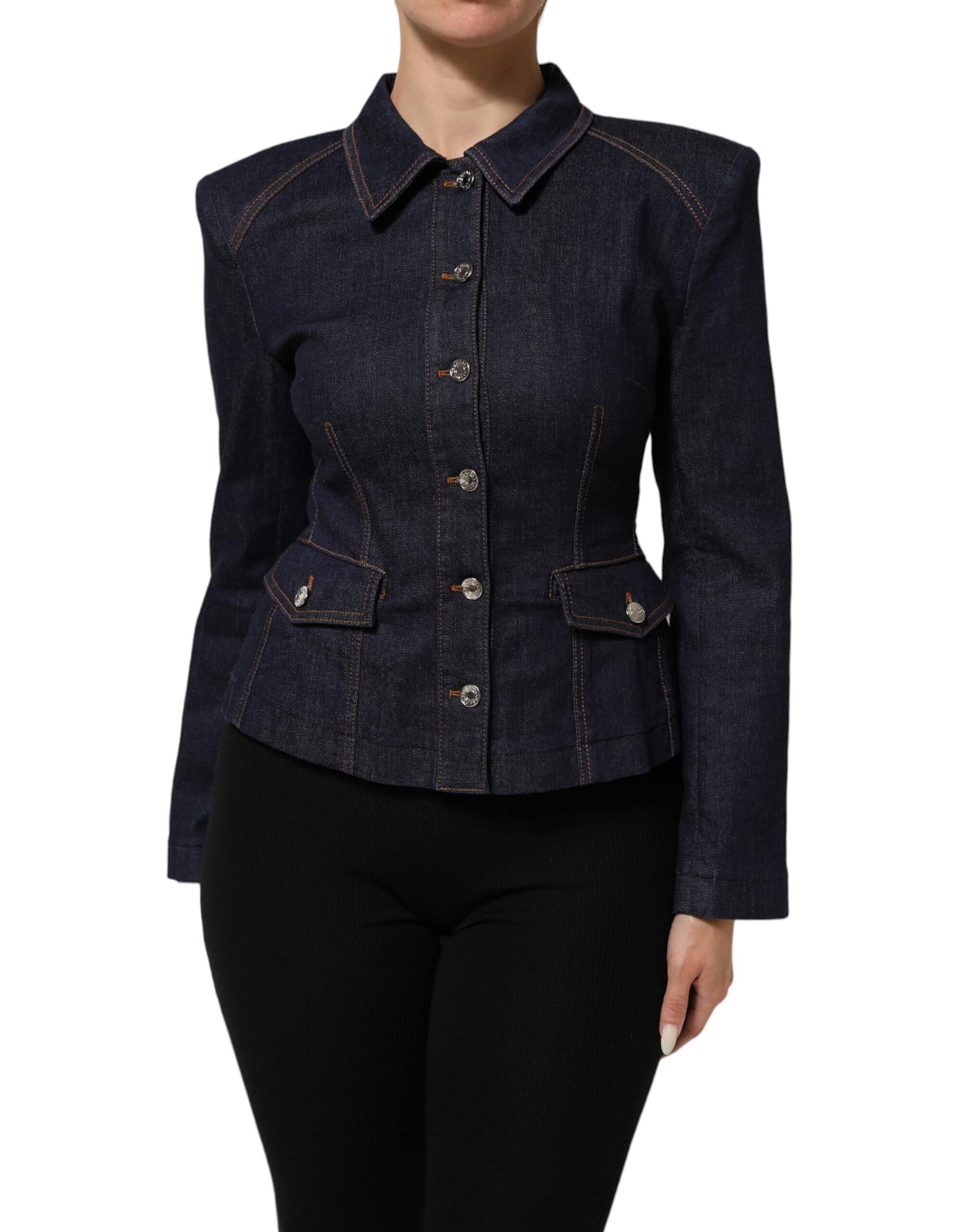 Dolce & Gabbana Dark Blue Cotton Collared Denim Coat Jacket - Image 2