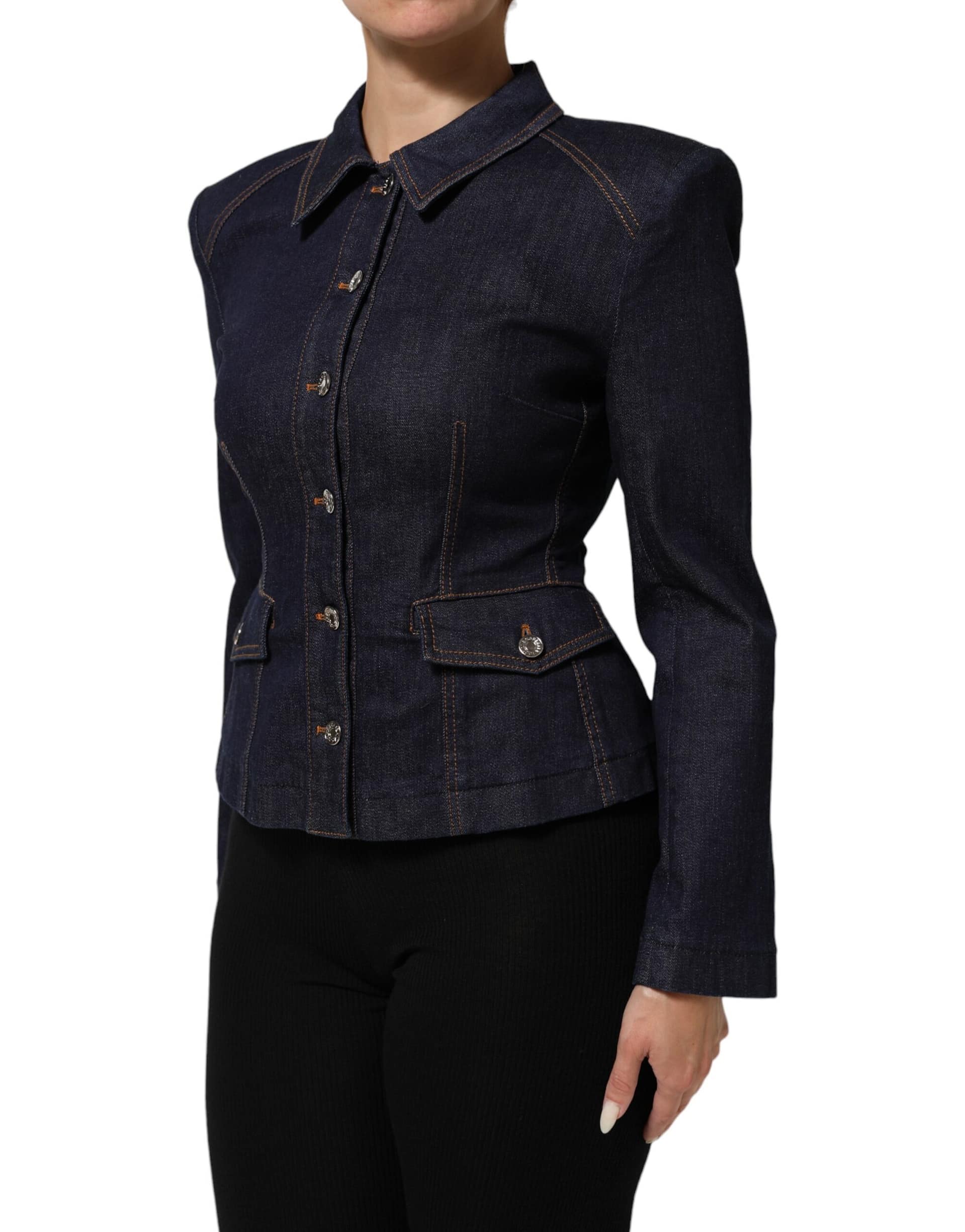 Dolce & Gabbana Dark Blue Cotton Collared Denim Coat Jacket - Image 3