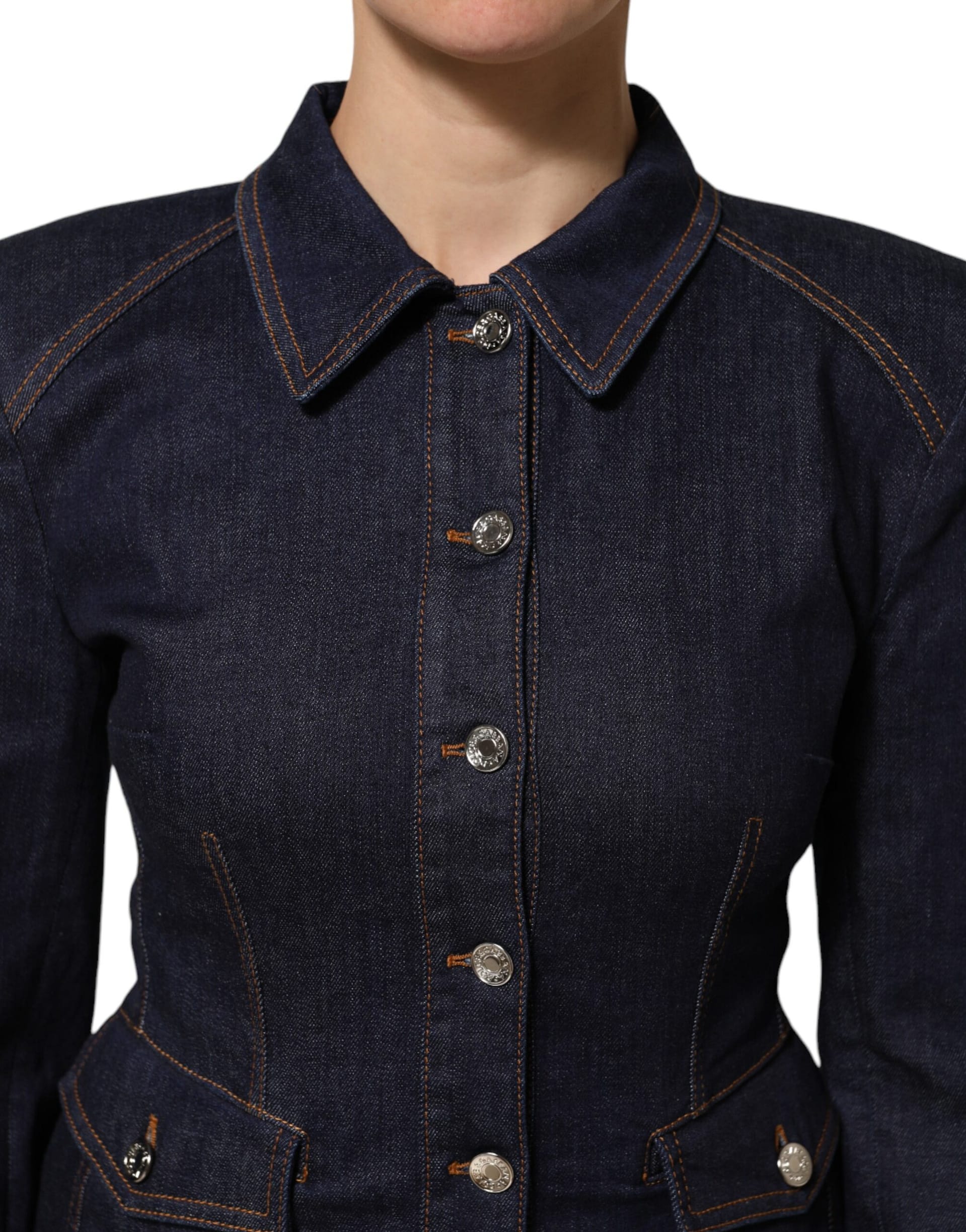 Dolce & Gabbana Dark Blue Cotton Collared Denim Coat Jacket - Image 5