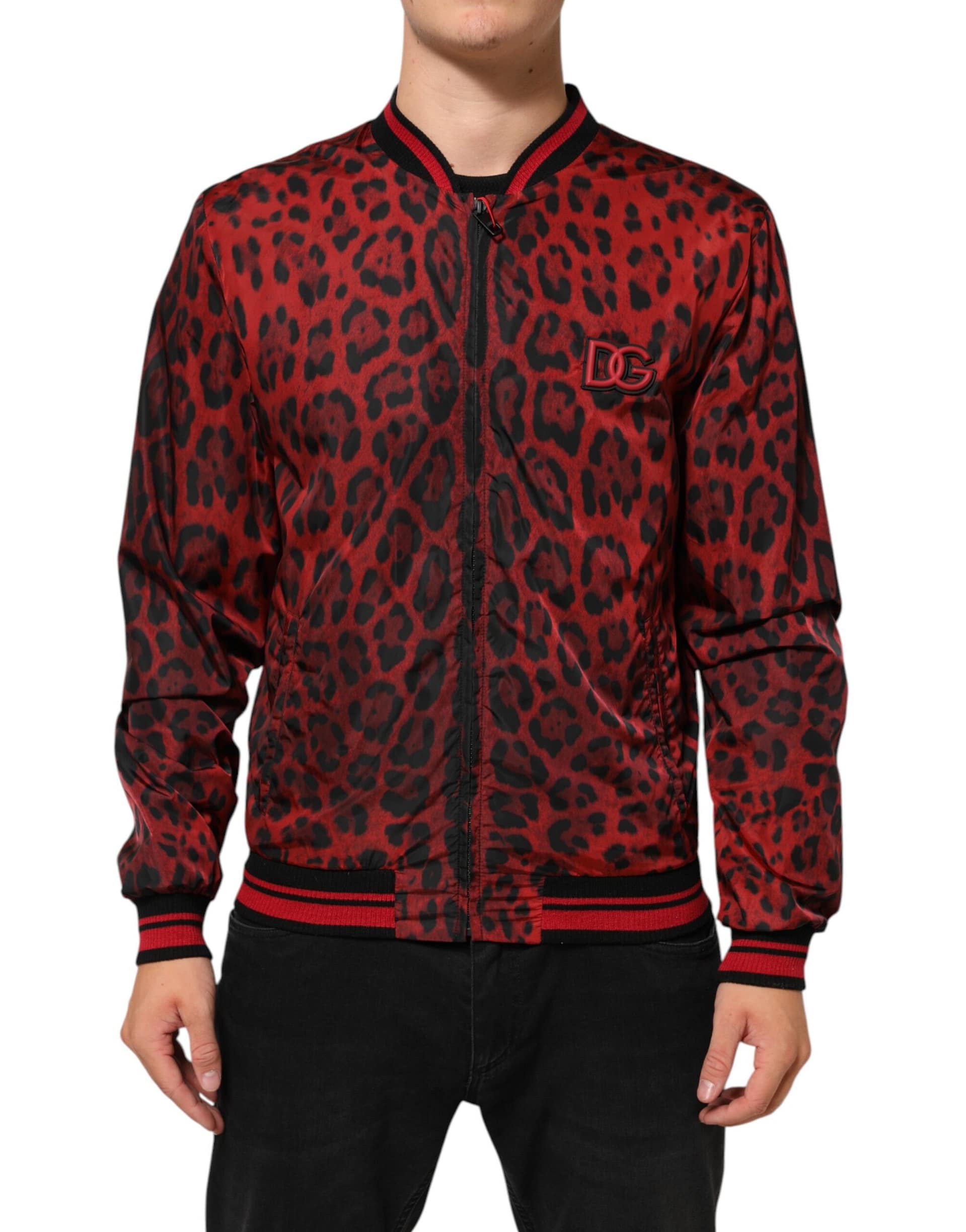 Dolce & Gabbana Red Leopard Print Full Zip Bomber Men Jacket - Image 2