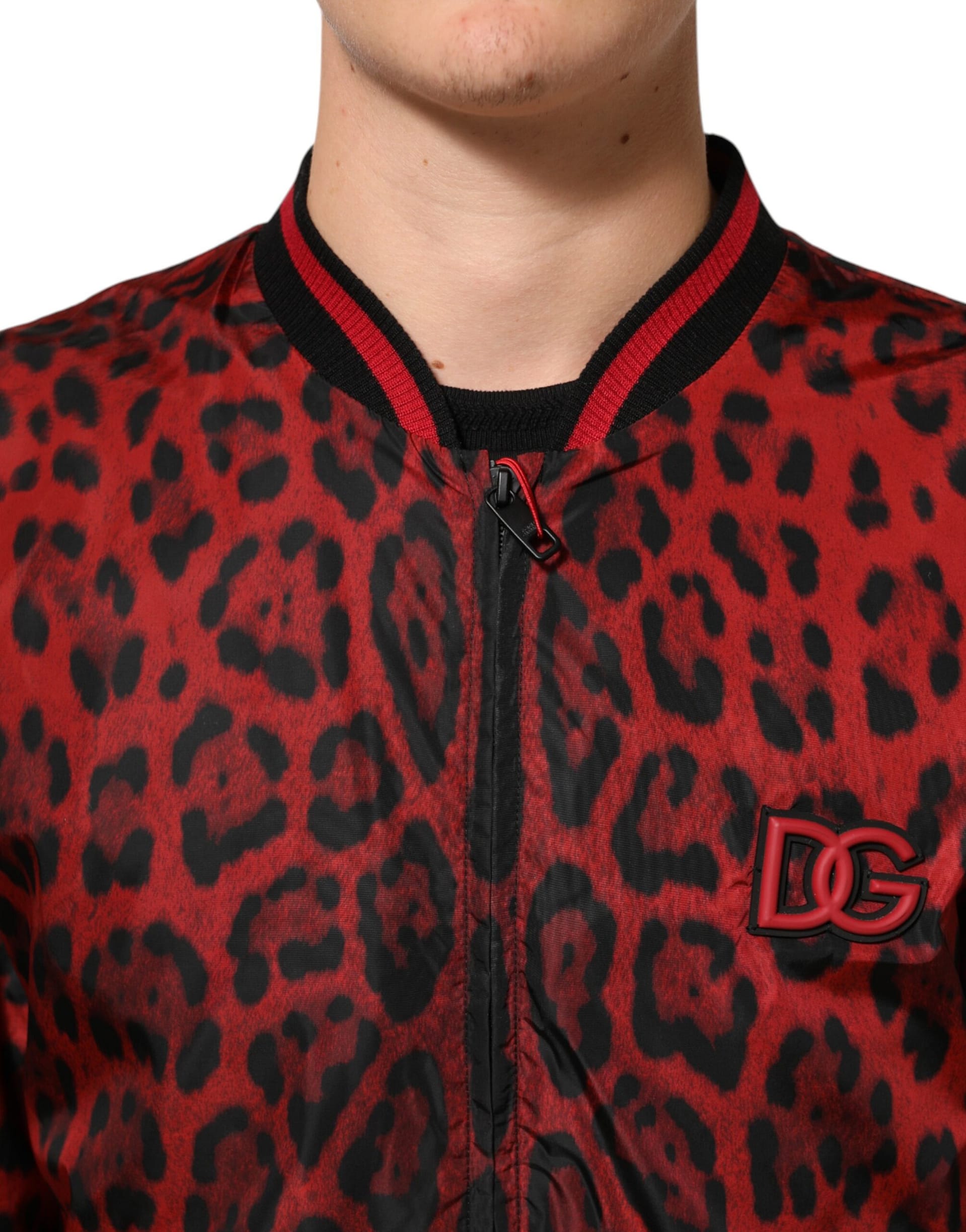 Dolce & Gabbana Red Leopard Print Full Zip Bomber Men Jacket - Image 5