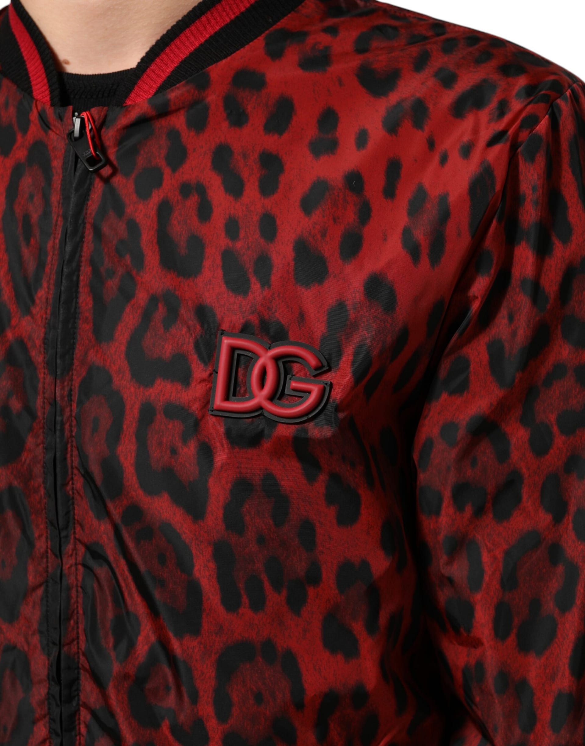 Dolce & Gabbana Red Leopard Print Full Zip Bomber Men Jacket - Image 6
