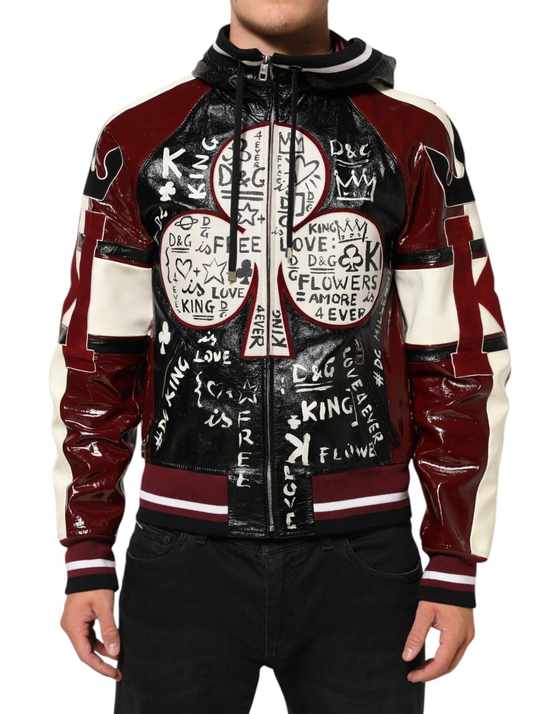 Dolce & Gabbana Multicolor Hooded Leather DG King Men Biker Jacket - Image 2